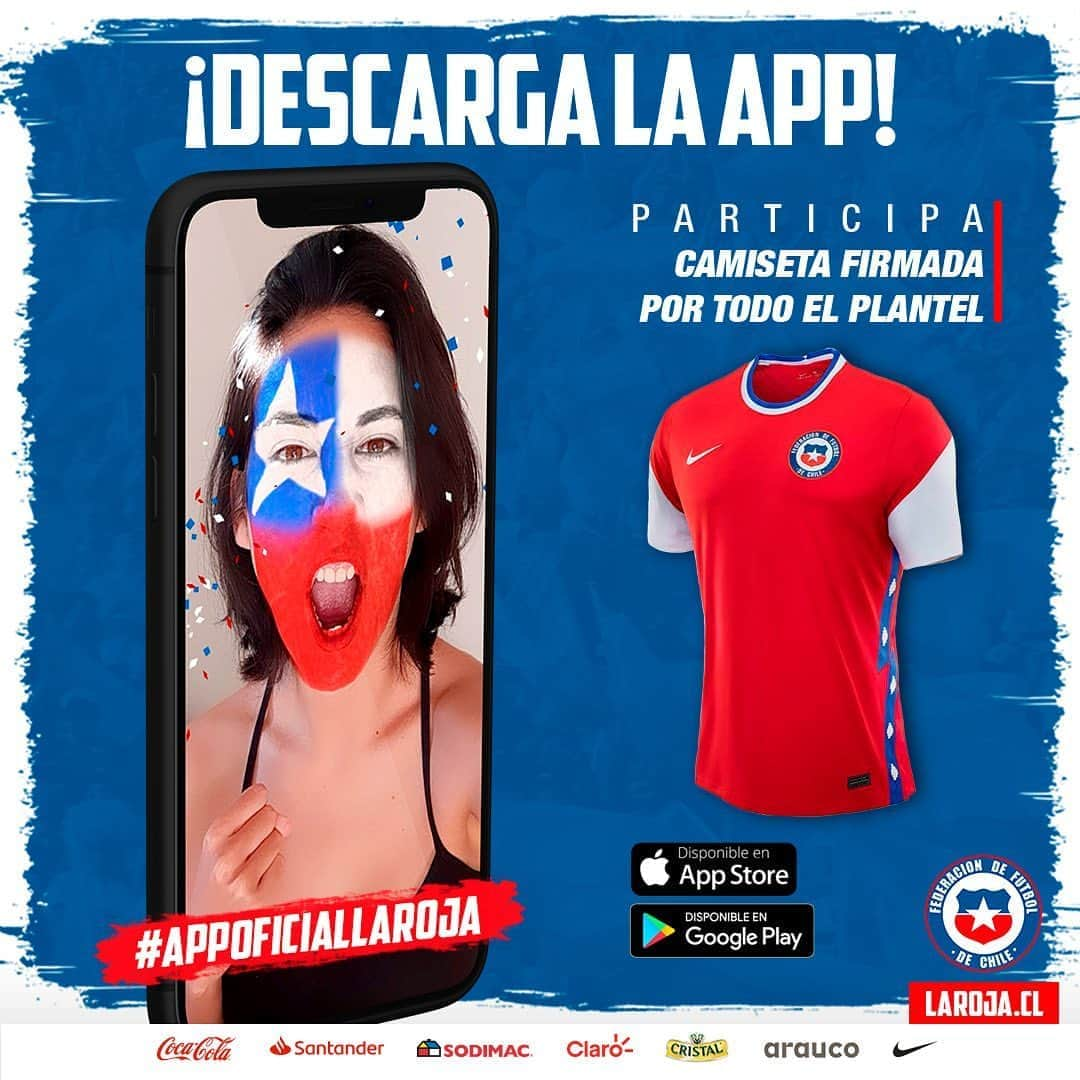 サッカーチリ代表チームさんのインスタグラム写真 - (サッカーチリ代表チームInstagram)「. 1) Descarga la App⁣ Oficial de La Roja⁣⁣⁣ 2) ⬆ Sube una historia a tu perfil público con el filtro de nuestra App, menciona @laroja y usa el #AppOficialLaRoja. ⁣⁣⁣ ⁣⁣⁣ ☝️ ¡Estarás participando por una espectacular camiseta autografiada de todo el plantel de La Selección! 🇨🇱⁣⁣⁣⁣ ⁣⁣⁣⁣ En los próximos días anunciaremos al flamante ganador o ganadora. ✨  #concursos #app #participa #gana #premios #regalo」10月21日 3時53分 - laroja