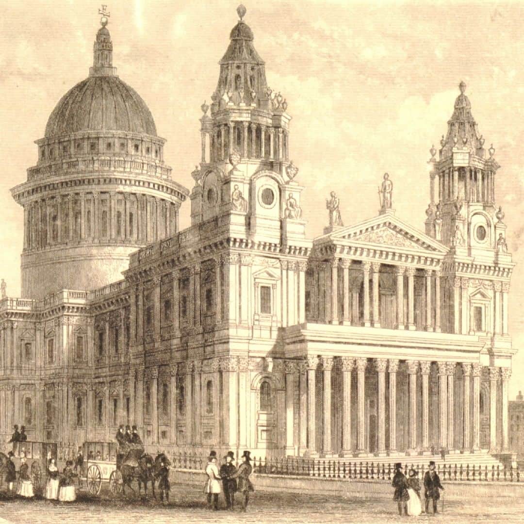 のインスタグラム：「Soaring above London’s skyline, St Paul’s Cathedral is one of the most recognisable landmarks in the city. The building we see today was designed by architect Sir Christopher Wren, who was born #OnThisDay in 1632.  The Cathedral’s iconic dome is an astonishing 111 metres tall – it was the tallest building in London until the 1960s.  Pay a virtual visit to the capital in our blog post – take a trip to St Paul’s to discover the mysteries of the Whispering Gallery, traverse Tower Bridge and browse the wares at Covent Garden. Link in bio.   🔎 After Thomas Hosmer Shepherd (1793–1864), View of St Paul’s Cathedral. Steel engraving, 1848.  #ChristopherWren #StPaulsCathedral #BritishMuseum #VirtualVisit」
