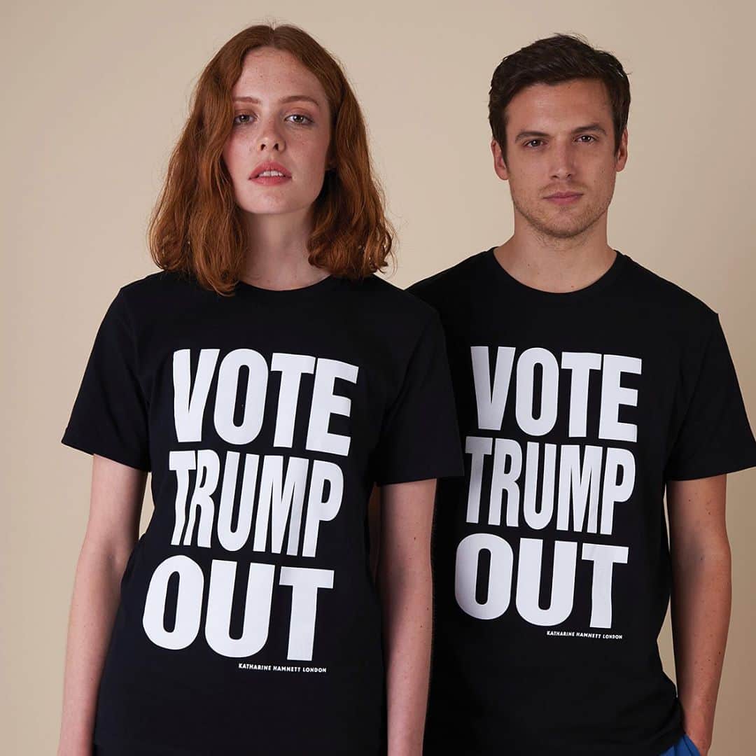 のインスタグラム：「#katharinehamnett #katharinehamnettlondon #november3rd #votetrumpout2020 #organiccotton #slogantee #buynowwearforever #votehimout」