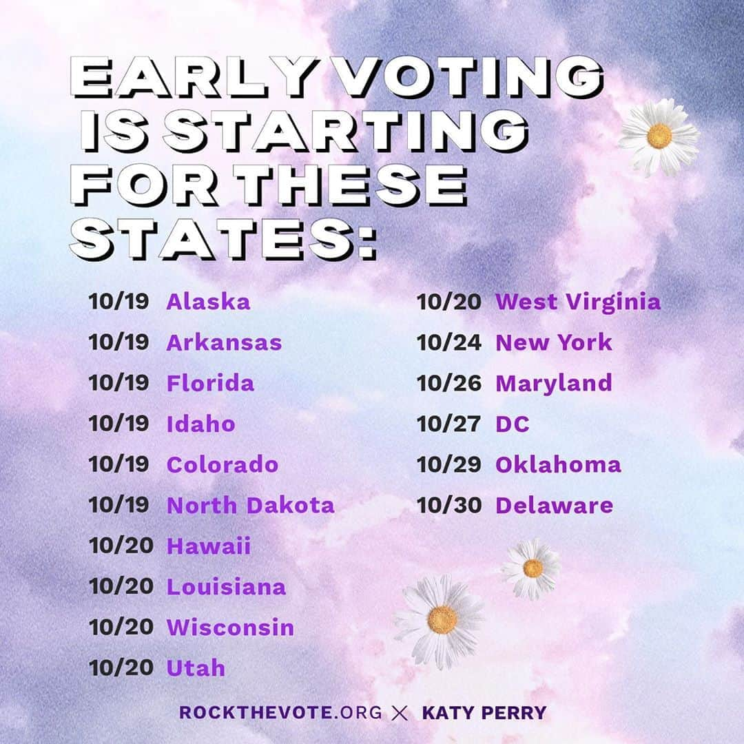 ケイティ・ペリーさんのインスタグラム写真 - (ケイティ・ペリーInstagram)「It's getting real y'all 👀 Election Day is only 2 weeks away 🙌🏼 Swipe left ⬅️ to see all the states that are starting early voting this week! And then check out my stories for a quick refresher of what you need to know, or go to RocktheVote.com ✊🏻♥️」10月21日 0時03分 - katyperry