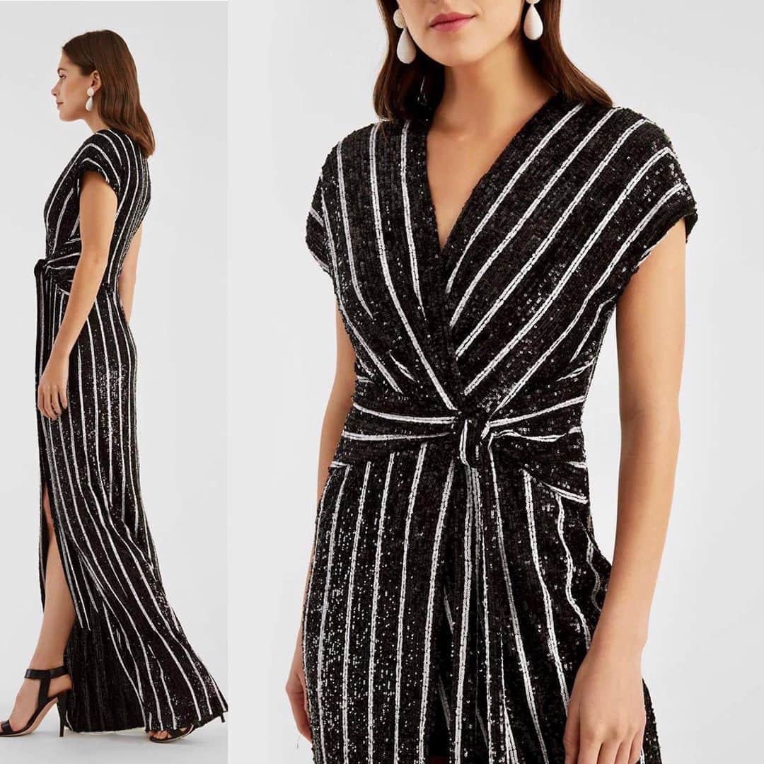 のインスタグラム：「The Wren faux wrap dress takes on the iconic menswear pinstripe in stretch crepe with a custom metallic allover liquid sequin effect. #sachinandbabi, #chic, #occasion」