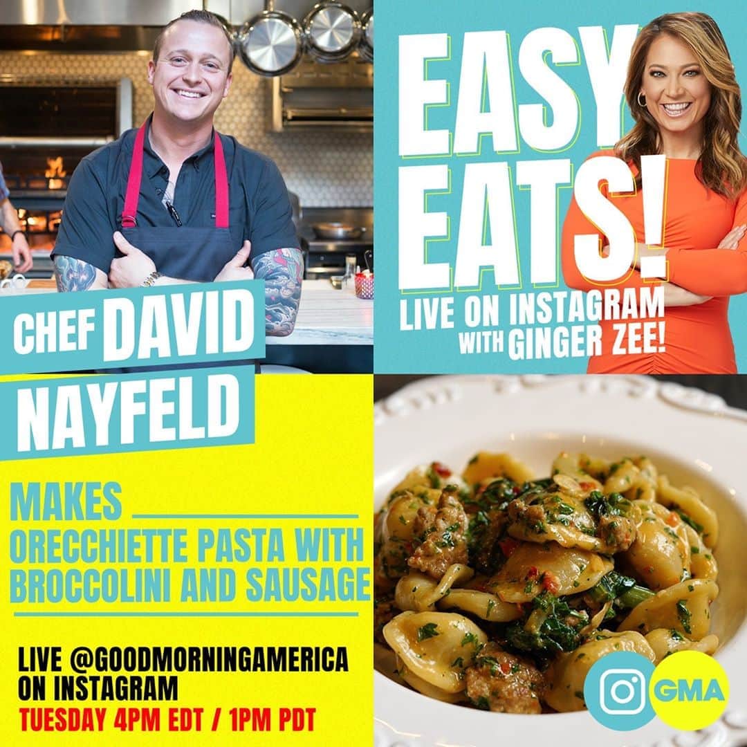 Good Morning Americaさんのインスタグラム写真 - (Good Morning AmericaInstagram)「#EasyEats LIVE on Instagram this afternoon 4pmET with @Ginger_Zee and chef @davidnayfeld making orecchiette pasta with broccolini and sausage!」10月21日 0時55分 - goodmorningamerica