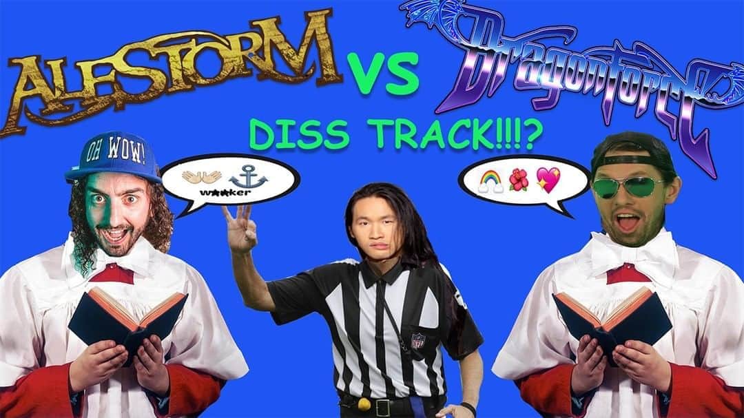 DragonForceのインスタグラム：「VIDEO: @dragonforcehq vs @alestormofficial Diss Track Link on bio / stories or watch at youtube.com/dragonforce Direct https://youtu.be/G-XX3gnBr7c Who won and who else do you want to see battle? 😅 #dragonforce #alestorm #hermanli #samtotman @hyperchrisz @hermanli」
