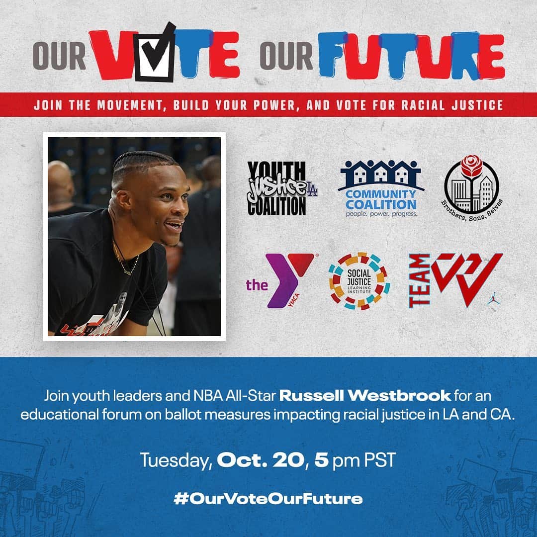 ラッセル・ウェストブルックのインスタグラム：「Youth are ready to lead and vote!  Join me tonight to see how LA youth are mobilizing for racial justice on the ballot & in the community. Link in bio to RSVP #OurVoteOurFuture #WhyNot」