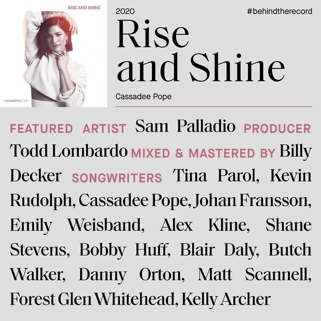 キャサディー・ポープのインスタグラム：「Taking a minute today to stop and #GiveCredit to all the people who worked behind the scenes to create my album Rise and Shine! Thank you thank you THANK YOU. It's because of the people behind the scenes that I'm able to do what I love to do. @recordingacademy #behindtherecord #riseandshine」