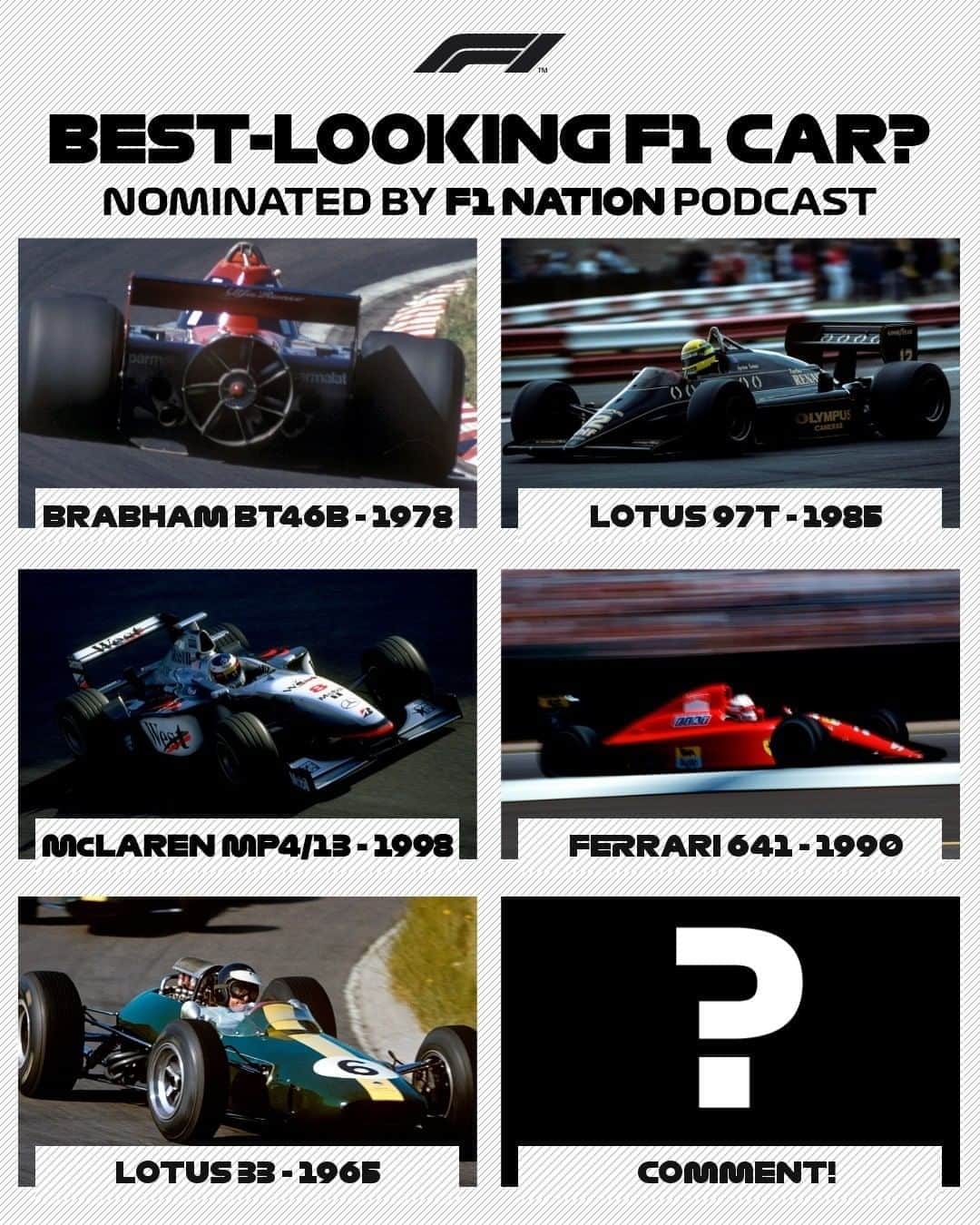 のインスタグラム：「Which car gets your vote? 🤔⁣ ⁣ The F1 Nation podcast nominated their favourites, hear them discuss why in their latest episode - available on your favourite audio platforms 🎧⁣ ⁣ #F1 #Formula1 #F1Nation #Podcast #Cars」