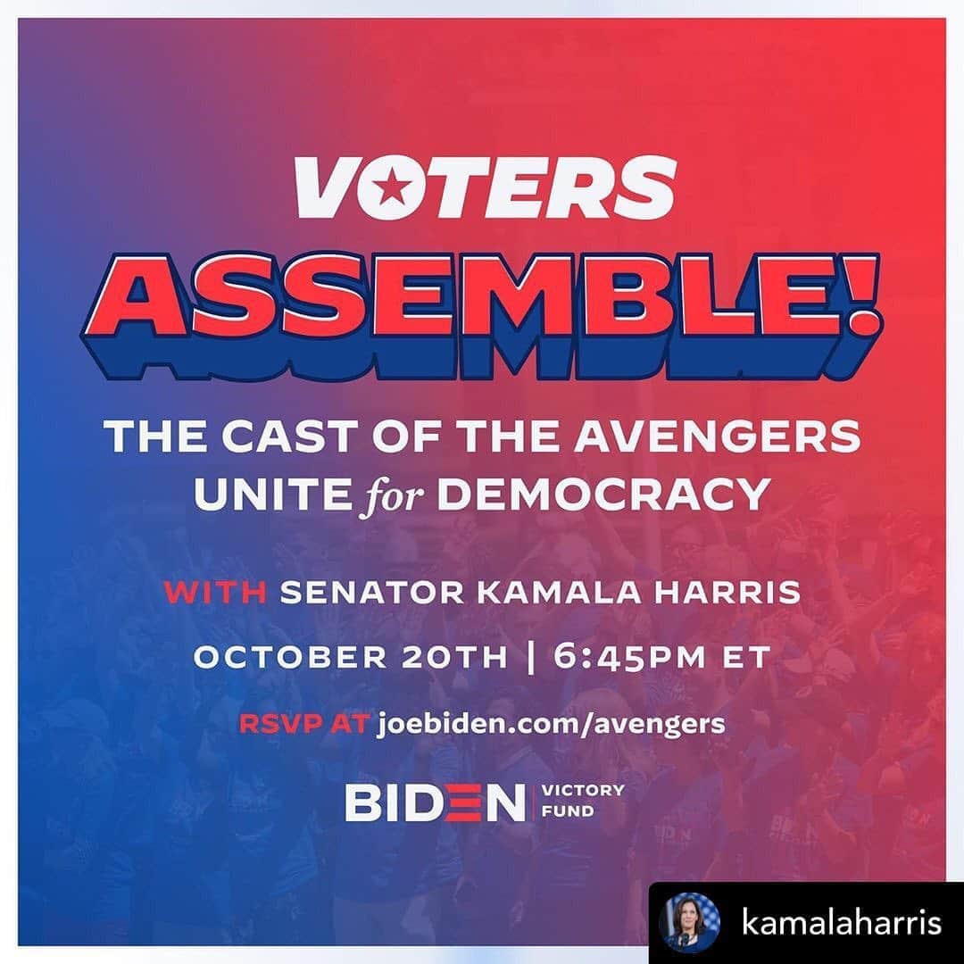 クラーク・グレッグのインスタグラム：「Repost @kamalaharris “As a huge Avengers and Black Panther fan, I could not be more excited for our grassroots fundraiser tonight with @doncheadle, @chrisevans, @markruffalo, @zoesaldana, @therussobrothers, Scarlett Johansson, and Paul Rudd.  Donate any amount to secure a spot at tonight’s event.」