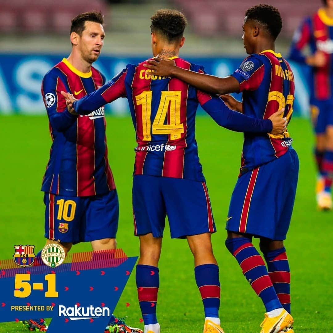 FCバルセロナさんのインスタグラム写真 - (FCバルセロナInstagram)「💙❤️ Great win! 👏👏👏 🏁 Barça 5-1 Ferencvaros ⚽ Messi, Ansu, Coutinho, Pedri, Dembélé」10月21日 5時59分 - fcbarcelona