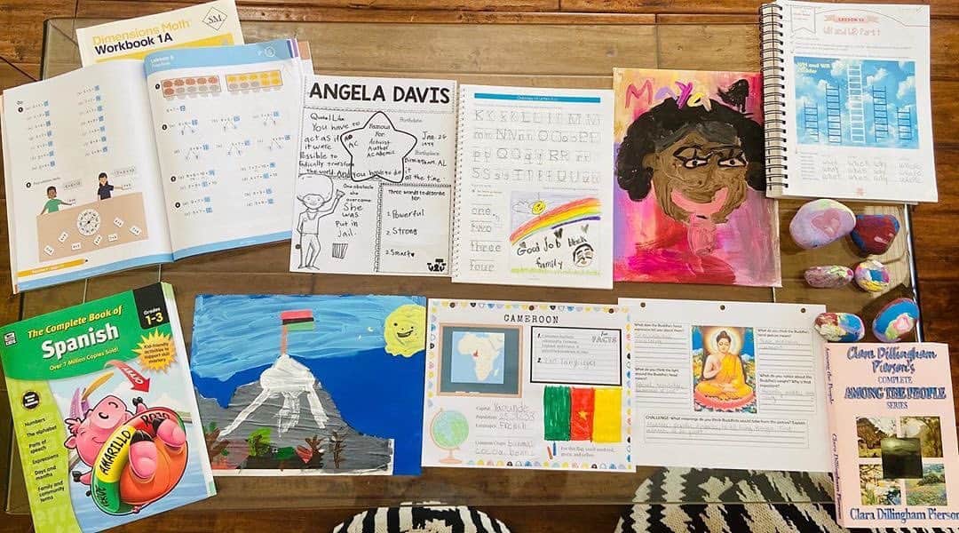 ロックモンド・ダンバーのインスタグラム：「Posted @withregram • @mrs_maya_dunbar A little peak into our Tuesday 😍. Creative expression is a huge part of our curriculum so you'll see two pieces Berkeley did. Of course, this proud black child decided to put our flag on the mountain top. She also did a portrait of me lol. ✊🏾 @singaporemath is a daily part of our learning and I absolutely adore this curriculum. Czar is doing their PreK books and both are fantastic. Spanish is our foreign language choice and so far WE are learning a lot lol. (I've forgotten 80% of the Spanish I 'learned' growing up 🤦🏽‍♀️). We are focused on our Mother continent of Africa in our geography studies and with 54 countries in total, we focus on 1 each day. Where we learn the languages spoken, common crops, population, fun facts, flag and watch various videos after the kids locate it on our globe. We're also taking a deeper dive into our Buddhism so that she can start to truly comprehend what we as her parents, believe and love/live by. (World religion is part of our education, so that our children can grow to understand ALL of the world's religions and can choose (or not) which, if any, speak to them.) Angela Davis is our black HERO this week, which has been a joy to watch Berkeley learn the impact that Ms Davis had/has and also showcase that black women were/are major players in the continuing fight of justice for our black brothers and sisters. Writing technique is also a morning ritual we have while I read from Clare Pierson's 'Among the People' series. Today's short story was about a slow turtle that finds himself in trouble when he doesn't keep up with his siblings. So we painted rocks for our 'turtles' and re-enacted our version of the tale. 😂 Language Arts is a combination of The Good & Beautiful along with the online 'Night Zoo Keeper' learning game and MobyMax. Our days usually wrap up by lunch time or shortly thereafter. Some days are super short, while others take us on journeys long past noon. The beauty in homeschooling is I know what's being taught, what needs more work and can watch in real time, their brains/knowledge expanding. #blackhomeschoolers」
