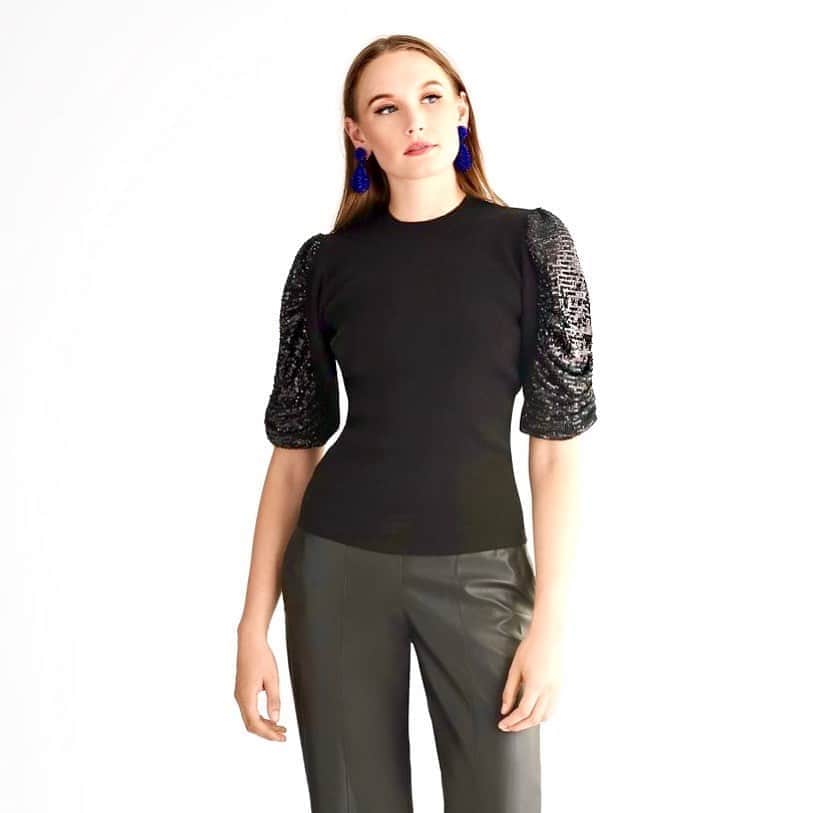 のインスタグラム：「The Cassie fitted sweater is a timeless novelty knit with all-over sequin embellishment at the elbow sleeve, paired back our Laila vegan leather pant😍. #chic, #ocassion, #modernluxe, #sachinandbabi」