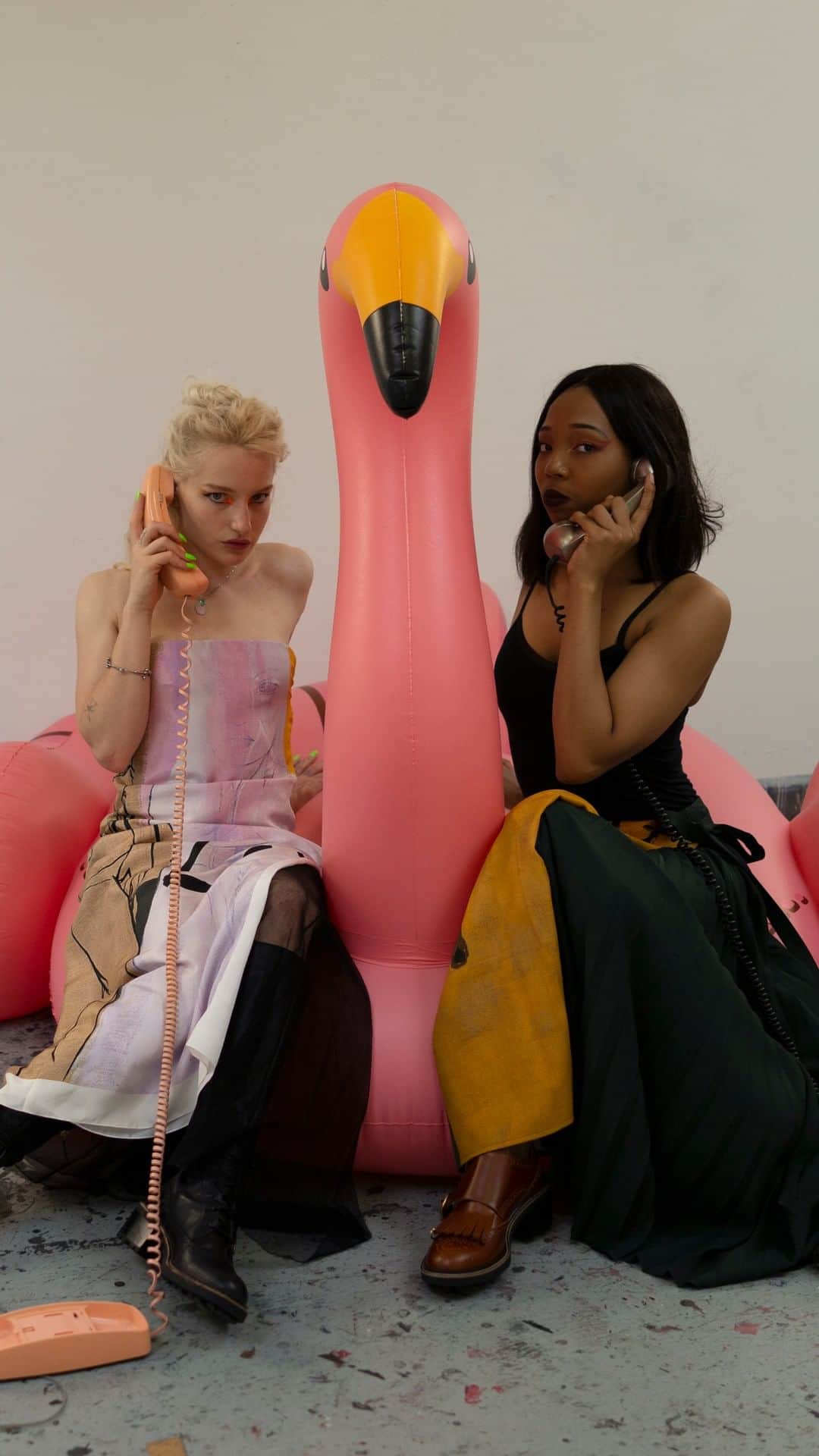 のインスタグラム：「Conceived and shot by Bernadette Van-Huy, “On the phone with Chloé” shivers between still and moving imagery for several minutes in silence. As Rita, her daughter Marika Thunder (@Mizz_Thunder), and Tyneika Horne (@CrownFlawless) hold vintage rotary phones to their ears, they are acting out part of the #CHLOEfw20 runway message, “If You Listen Carefully…,” a reference to one of Rita’s works from the ’90s.   #CHLOEvoices #CHLOE」
