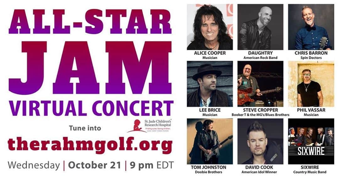 クリス・ドートリーのインスタグラム：「My friend @kevinprahm has a really cool thing going on tonight for a really great cause!!! Check it out!!!!  TONIGHT at 9:00PM EDT/8:00PM CDT come watch the ULTIMATE Virtual All Star Jam as we take The Rahm Celebrity Golf Tournament Virtual! We’re raising money for the kids of St. Jude and you don’t want to miss this lineup:   Alice Cooper Lee Brice Daughtry  David Cook Tom Johnston of The Doobie Brothers  Phil Vassar  Chris Barron lead singers of The Spin Doctors  Steve Cropper All backed by Sixwire…   You can stream for FREE at https://therahmgolf.org/ #Rahm2020」