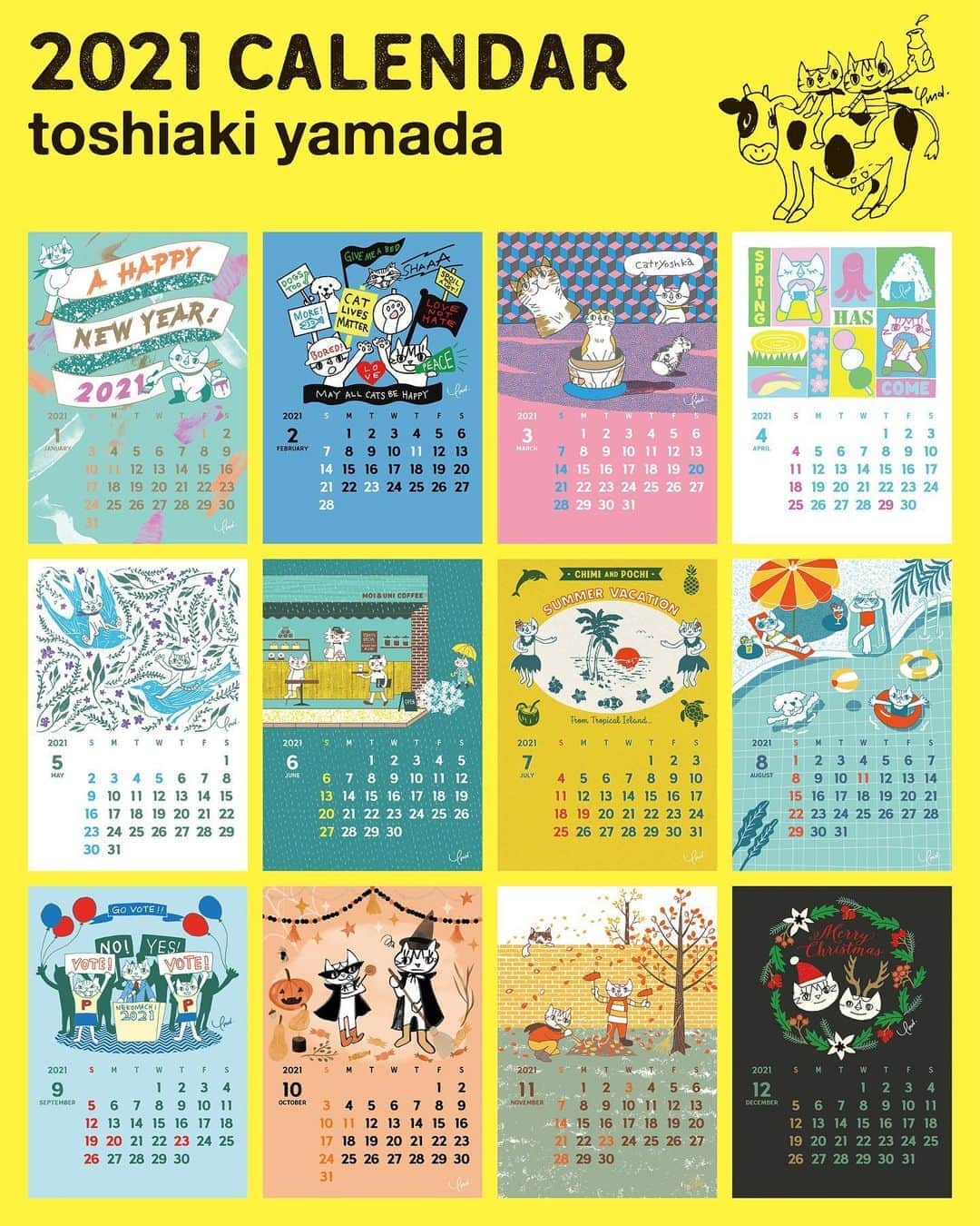 山田稔明さんのインスタグラム写真 - (山田稔明Instagram)「11年目の山田稔明 猫イラストカレンダー、すでにたくさんのお申し込みをいただいています。11月に入ってからの発送を予定していますので今しばらくお待ちください。記念日にサインも描き込みますので備考欄に明記ください。山田稔明カレンダーを販売したい！という雑貨屋さんいらしたらぜひご相談ください。今週末25日からは僕の故郷佐賀県基山町立図書館で10周年記念展示が始まります。カレンダーやグッズの販売はありませんが、12ヶ月× 11年分のイラストが一挙に並ぶ壮観な展示になりそうです。続けてきてよかったなあ。来年もよろしくお願いします。 #山田稔明カレンダー」10月21日 15時09分 - toshiakiyamada