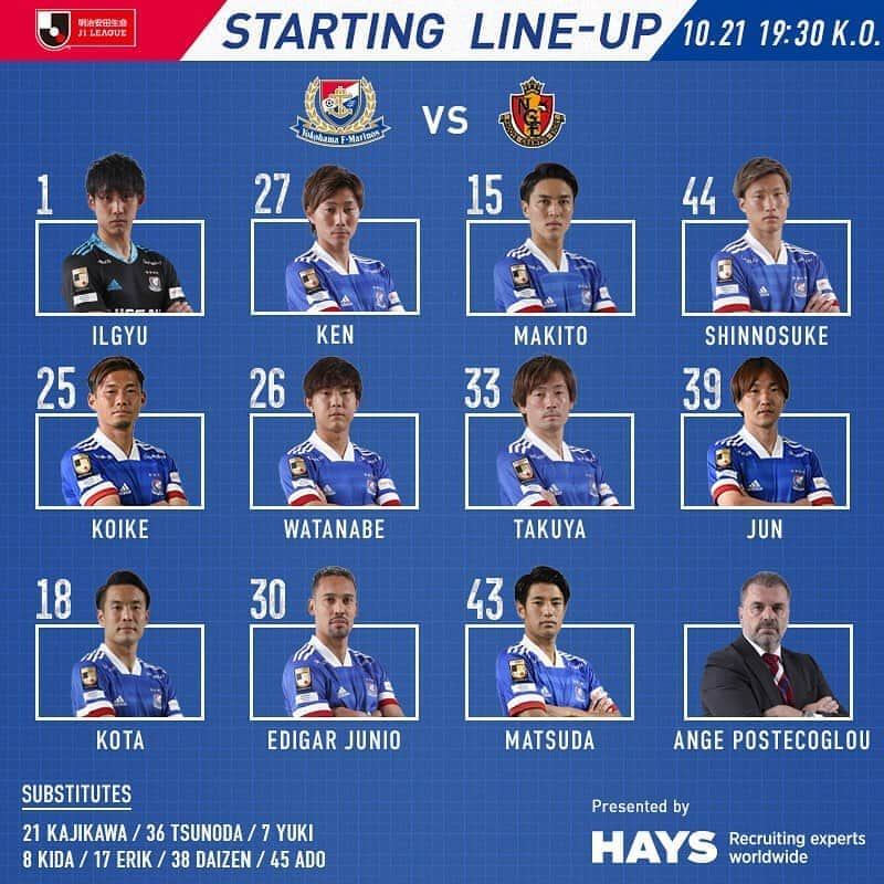 横浜F・マリノスさんのインスタグラム写真 - (横浜F・マリノスInstagram)「Yokohama F.Marinos Team News vs Nagoya Grampus! 本日のJ1リーグ第33節・名古屋グランパス戦のメンバーが発表されました！  #fmarinos #Jリーグ #スタメン #startingXI #jleague #HAYS」10月21日 17時23分 - yokohamaf.marinos