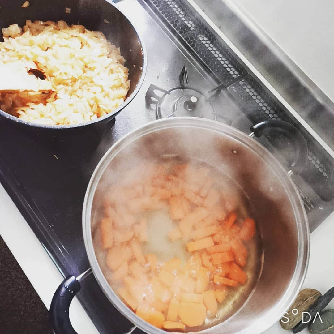 松本隆博のインスタグラム：「。 カレー作りたい病が発症。 それも大量に且つ早く！！ 電子レンジでミンチ解凍、 少量のお湯で人参を茹で、 同時に玉ねぎを炒める。 電気ポットでお湯を沸かして いる(~_~)。 1杯食べれば得心する…… 作り置きして冷凍するのだ。 (￣^￣)(~0~) ま病気だ。  ～人生遊歩道～」