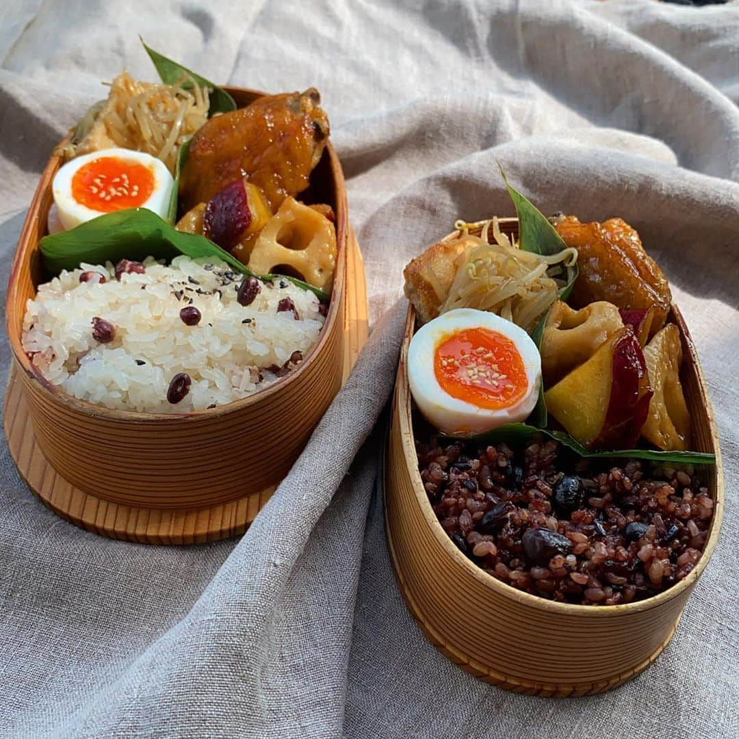 aomojiのインスタグラム：「今日のお弁当  蓮根とさつま芋と鶏手羽の甘酢炒め もやしと油揚げの煮物 半熟卵 もち米と小豆入りご飯 黒米と黒豆と小豆入りご飯  2020.10.21晴れ☀️  #夫婦弁当#わっぱ弁当 #サラメシ弁当 #和弁当#obento #japanesefood #lunch #暮らし#日々のこと #aomojibento #life」