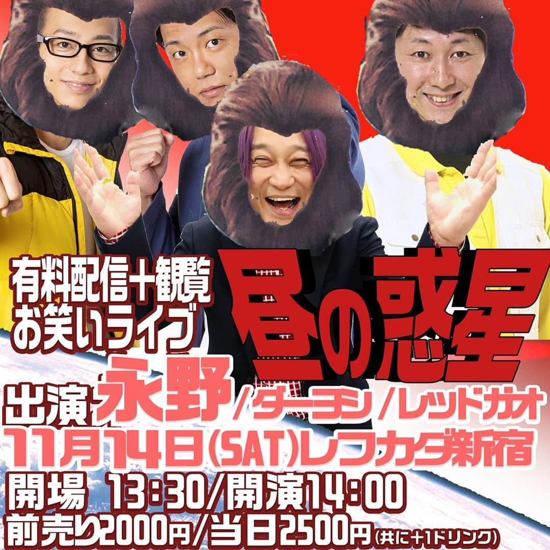 永野さんのインスタグラム写真 - (永野Instagram)「ネタライブです！有料配信もやります！  11/14(土)レフカダ新宿 『有料配信＋観覧お笑いライブ「昼の惑星」』 【出演】#永野 、#ダーヨシ 、#レッドガオ  【時間】開場13:30 / 開演14:00 【チケット】前売2,000円(＋1ドリンク) ➡️http://lefkada.jp/archives/6245 【ZAIKO視聴チケット】1,500円➡️https://lefkada.zaiko.io/_item/331963」10月21日 20時16分 - naganoakunohana