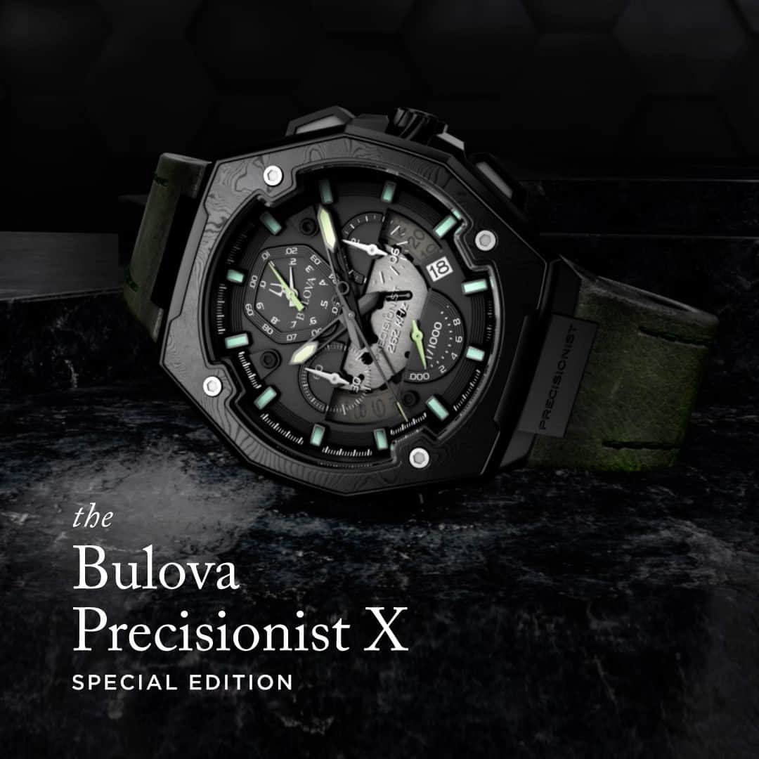 のインスタグラム：「For the 10th anniversary of the groundbreaking Precisionist, Bulova has issued the Precisionist X Special Edition, shown here with a striking black stainless steel case and black dial with a calendar window and a view into the proprietary eight-hand chronograph high-performance quartz movement. #Bulova — ⏱: 98B355 MSRP: $1,295.00 USD CASE: ø 44.5 mm」