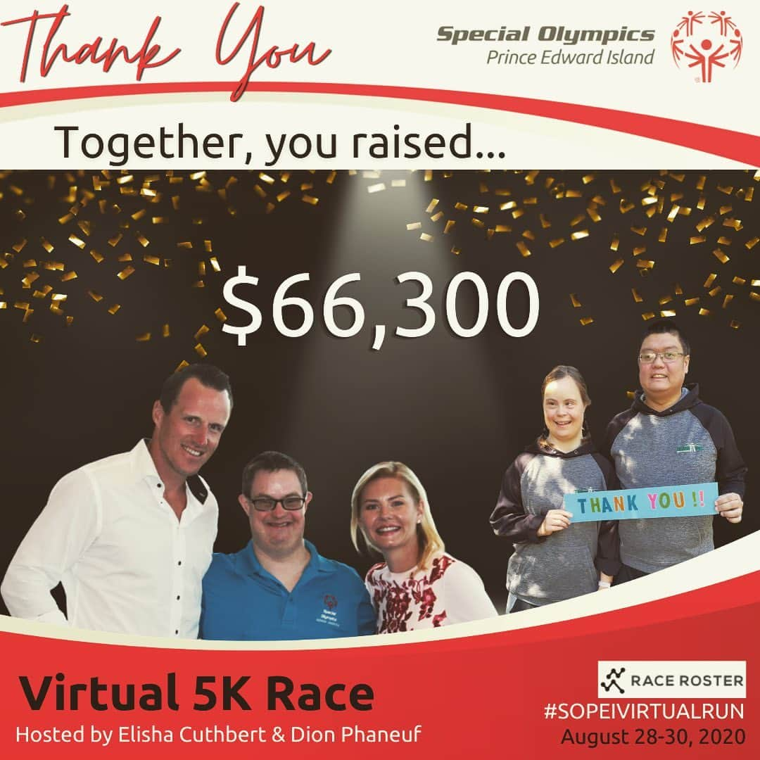 エリシャ・カスバートのインスタグラム：「66,300k! Wow! What started as a small idea to run for @specialopei turned into such a great success. All because of the efforts of everyone who participated. The PEI community was strong and really something to be proud of. If you walked or ran, THANK YOU! If you donated, THANK YOU! A special shoutout to the PEI Cupcakes for stepping up and donating 12,500 we can’t thank you enough. ❤️🇨🇦 PEI PROUD Teams! bianca’s Angels, silver strong, medacom Atlantic, cottage lane, the cowdou’s, MTL Divas, PEI proud Stanley River, Summerside/west, Trout River, Singeralberta, the Morrow of the story, the stroll’n Stones, Urology nurses, Premier Pacers, Dwinnell, Tommy’s Angels, kindred spirits, Ed’s Army, sole sisters, not fast just furious, Robbins family, Fitz &Co, Cal and Gals, Salutation Cove, Team Toby, Demeulenaeres 👏👏👏👏👏 @charitysheehan I couldn’t have done this without you. @raceroster thank you and your amazing team for helping us set up our race and site! This was such a highlight in such a crazy Covid time. ❤️」