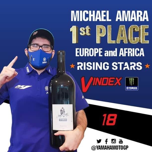 のインスタグラム：「@michael.amara13 has done it! 🙌🙌🙌  It took some last lap drama, but he continued his winning streak today at the end @motorlandaragon and is the now the official 2020 @motogpesport Rising Stars Champion for the Europe & Africa region 🏆   #MonsterYamaha  #MotoGPeSport」