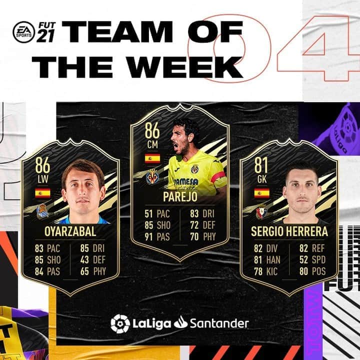 のインスタグラム：「🔝🎮 @mikel10oyar  🔝🎮 @dani_parejo10  🔝🎮 @sergioherrerapiron1   😍🙌🌟 Three LaLiga Santander players are in the FIFA21 #TOTW from @easportsfifa_es!   😍🙌🌟 ¡Tres representantes de LaLiga Santander están presentes en el #TOTW de EA Sports FIFA de FIFA21!   #Oyarzabal #Parejo #SergioHerrera #LaLigaSantander #LaLiga」