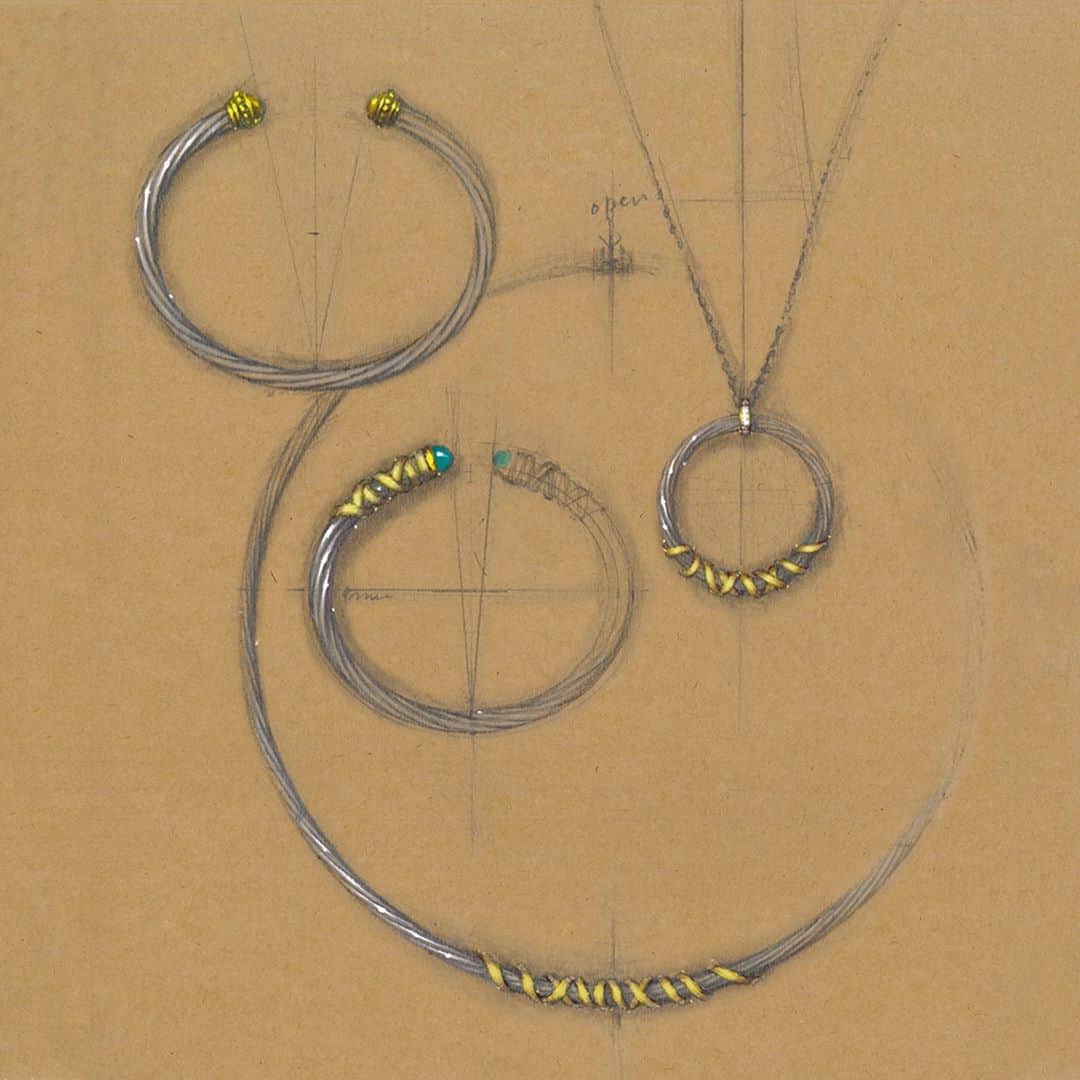 デビッドヤーマンのインスタグラム：「Coming full circle. Our Helena Collection (shown in this sketch) is an elegant version of David’s original Trail Bracelet that he designed in 1978—now with delicately wrapped Cable strands around the end caps. #DavidYurman」