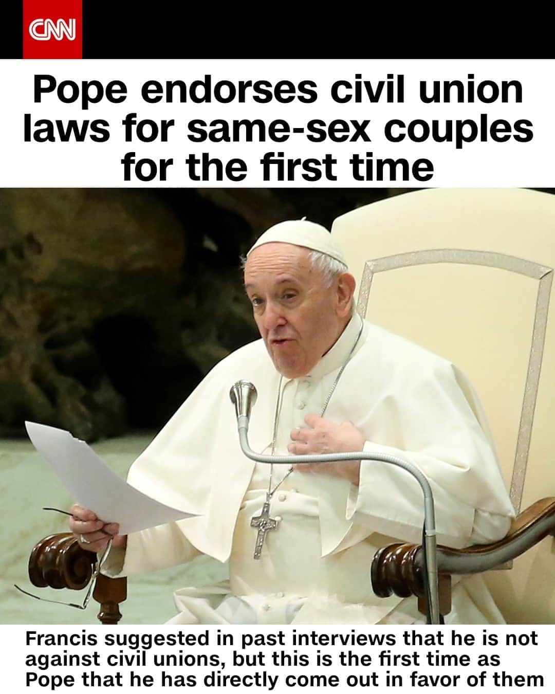 CNNさんのインスタグラム写真 - (CNNInstagram)「Pope Francis declared support for civil unions for same-sex couples for the first time, according to the Catholic News Agency. The Pope made the remarks in a new documentary film, "Francesco," which was released in Rome on Wednesday. "Homosexual people have a right to be in a family. They're children of God and have a right to a family. Nobody should be thrown out or be made miserable over it," the Pope said in the film, the Catholic News Agency reported.⁠ (📸: Franco Origlia/Getty Images)⁠」10月22日 9時01分 - cnn