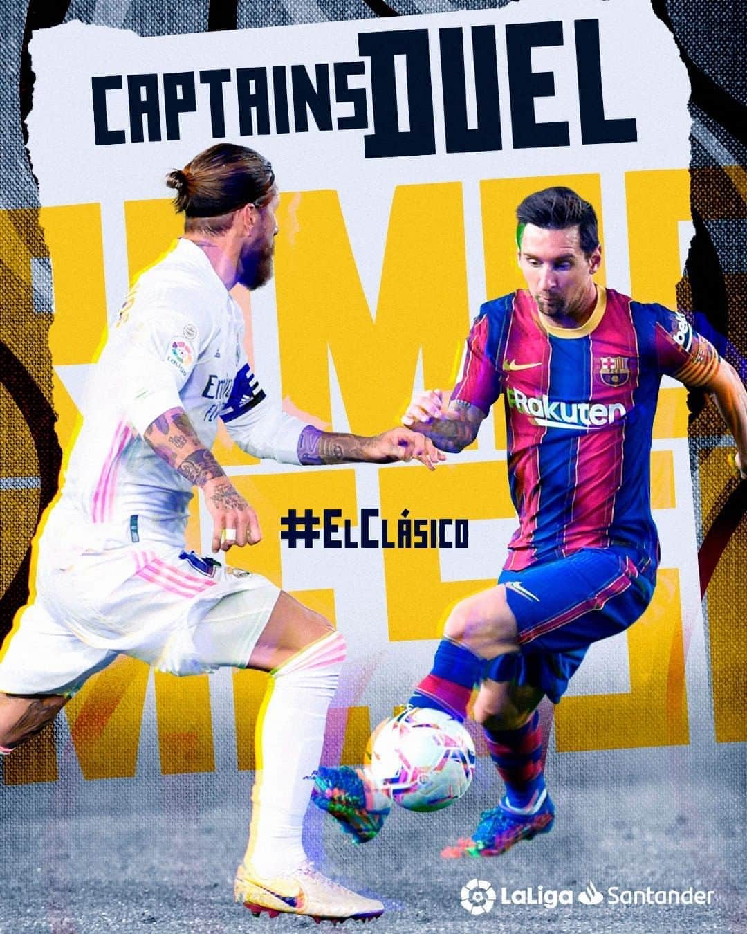 のインスタグラム：「©🔥🔜 𝐓𝐇𝐄 𝐂𝐀𝐏𝐓𝐀𝐈𝐍𝐒 𝐃𝐔𝐄𝐋! @leomessi or @sergioramos?   ©🔥🔜 ¡LA BATALLA DE LOS CAPITANES! ¿Quién la ganará?   #ElClasico #Messi #SergioRamos #Barça #RealMadrid #LaLigaSantander #LaLiga #YouHaveToLiveIt #HayQueVivirla」
