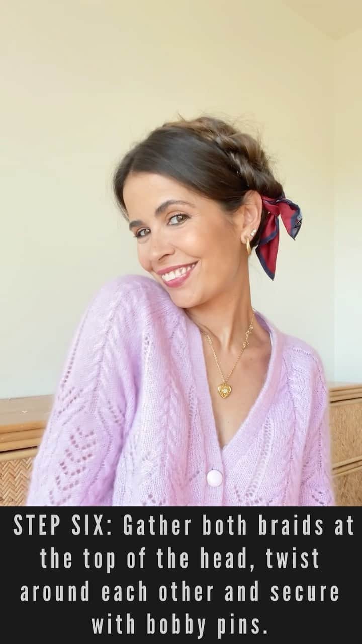 Collage Vintageのインスタグラム：「#TRESpartner Creating a Ribbon Milkmaid Twists hairstyle by @tresemme stylist @JustineMarjan. All you need is @tresemme Keratin Smooth Heat Protect Spray, Extra Hold Hairspray and Keratin Smooth Shine Serum. Follow the video steps to achieve this cute hairstyle you can do whether you are staying home or heading out with your mask on! #ProAtHome TRESemmé is giving away the ultimate box of styling products! For a chance to win, tag a friend in the comments and follow @Tresemme! No Purch Nec Open to 50 US/DC 18+ Ends 10/31 Rules: unileversweepsrules.com/tresproathome」