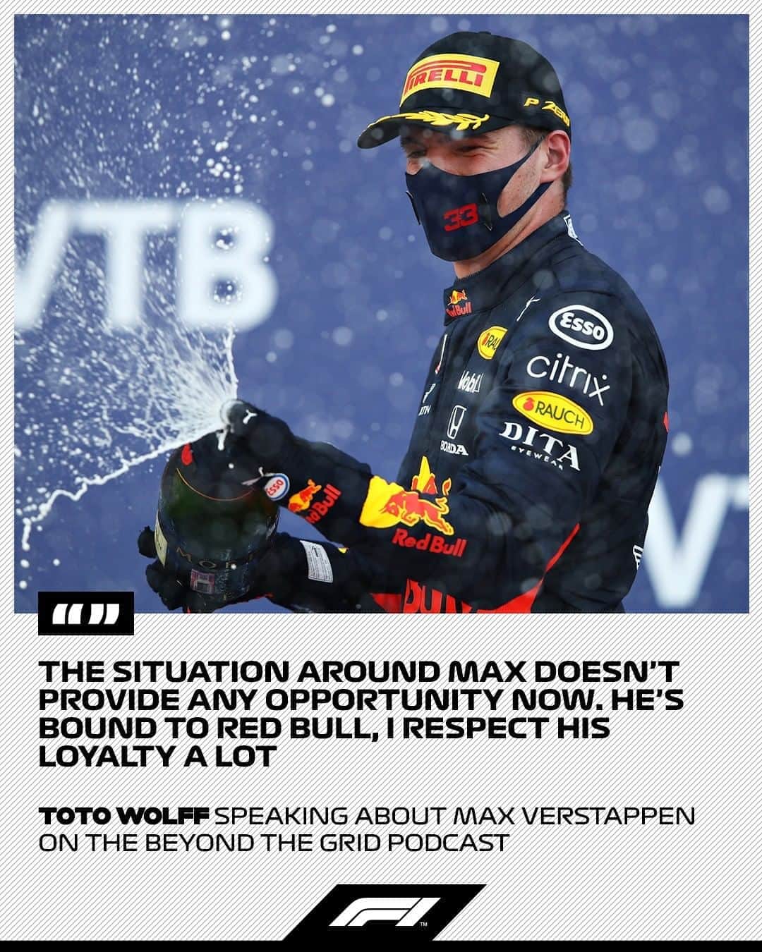 のインスタグラム：「Verstappen at Mercedes? Mercedes Team Principal Toto Wolff had his say on the chances of a potential move for Red Bull's ⭐️  Listen to the full episode of Beyond The Grid on F1.com or our YouTube channel 🎧  #F1 #Formula1 #Motorsports #Podcasts」