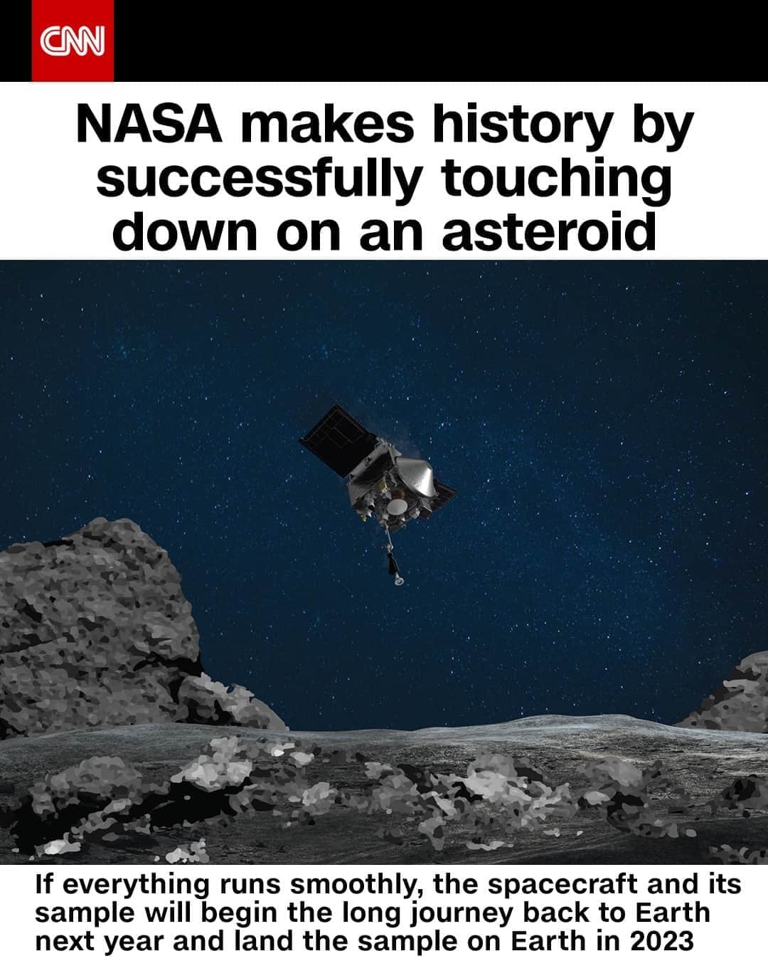 CNNさんのインスタグラム写真 - (CNNInstagram)「NASA's OSIRIS-REx spacecraft successfully touched down and reached out its robotic arm to collect a sample from the surface of asteroid Bennu on Tuesday. That sample will be returned to Earth in 2023. "This was an incredible feat — and today we've advanced both science and engineering and our prospects for future missions to study these mysterious ancient storytellers of the solar system," Thomas Zurbuchen, associate administrator for NASA's Science Mission Directorate, said in a statement. ⁠ (📸: @NASA/Goddard/University of Arizona)⁠」10月22日 5時01分 - cnn