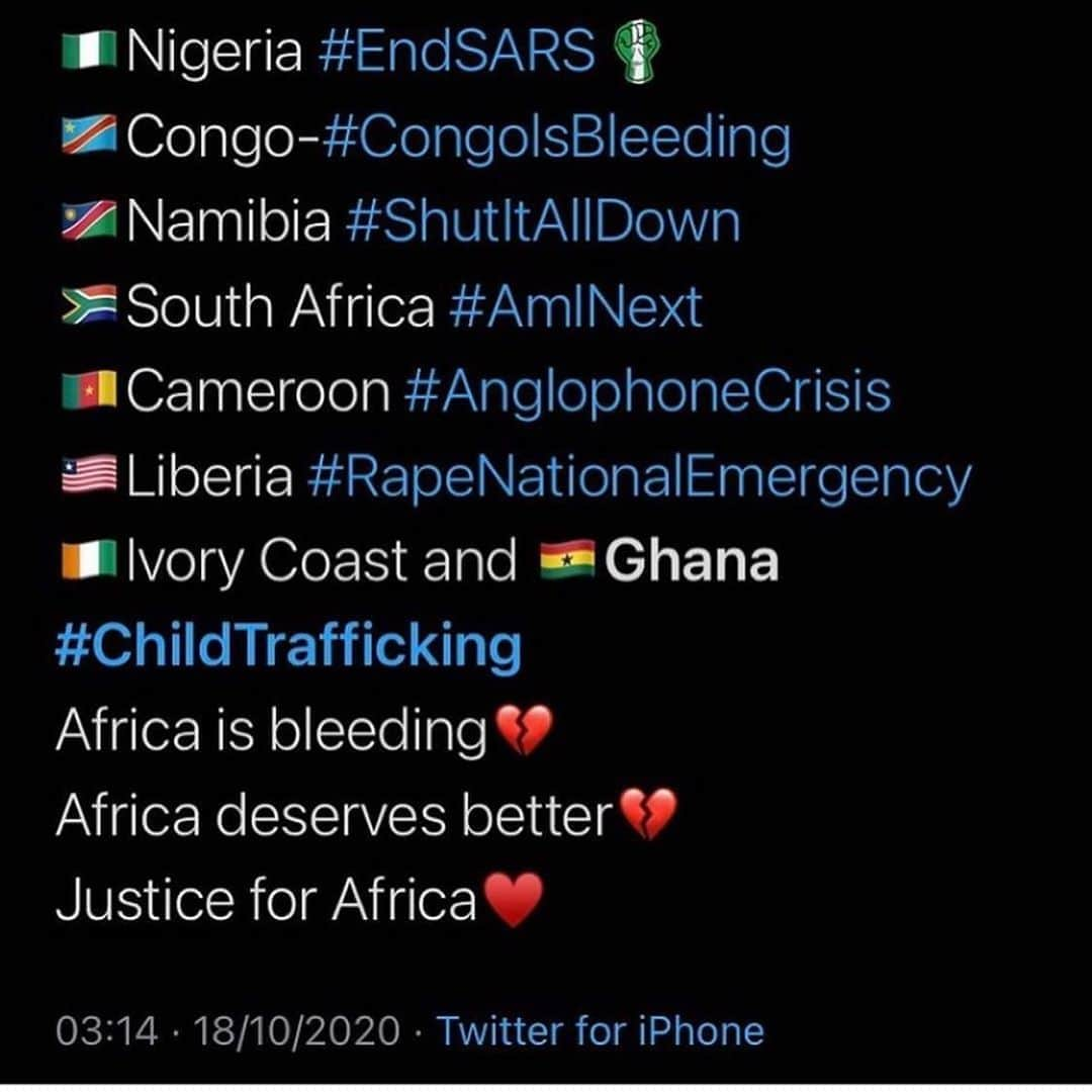 タラジ・P・ヘンソンさんのインスタグラム写真 - (タラジ・P・ヘンソンInstagram)「🙏🏾🙏🏾🙏🏾 #endsarsbrutality🇳🇬🇳🇬 #congoisbleeding💔🇨🇩✊🏾 #shutitalldown🇳🇦 #aminext🇿🇦 #anglophonecrisis🇨🇲 #rapenationalemergency🇱🇷 #childtrafficing🇬🇭🇨🇮 #africaisbleeding💔 🌍 #BLACKPEOPLEAREFUCKINGBLEEDING #Repost from @ali.zaeteri •」10月22日 5時04分 - tarajiphenson