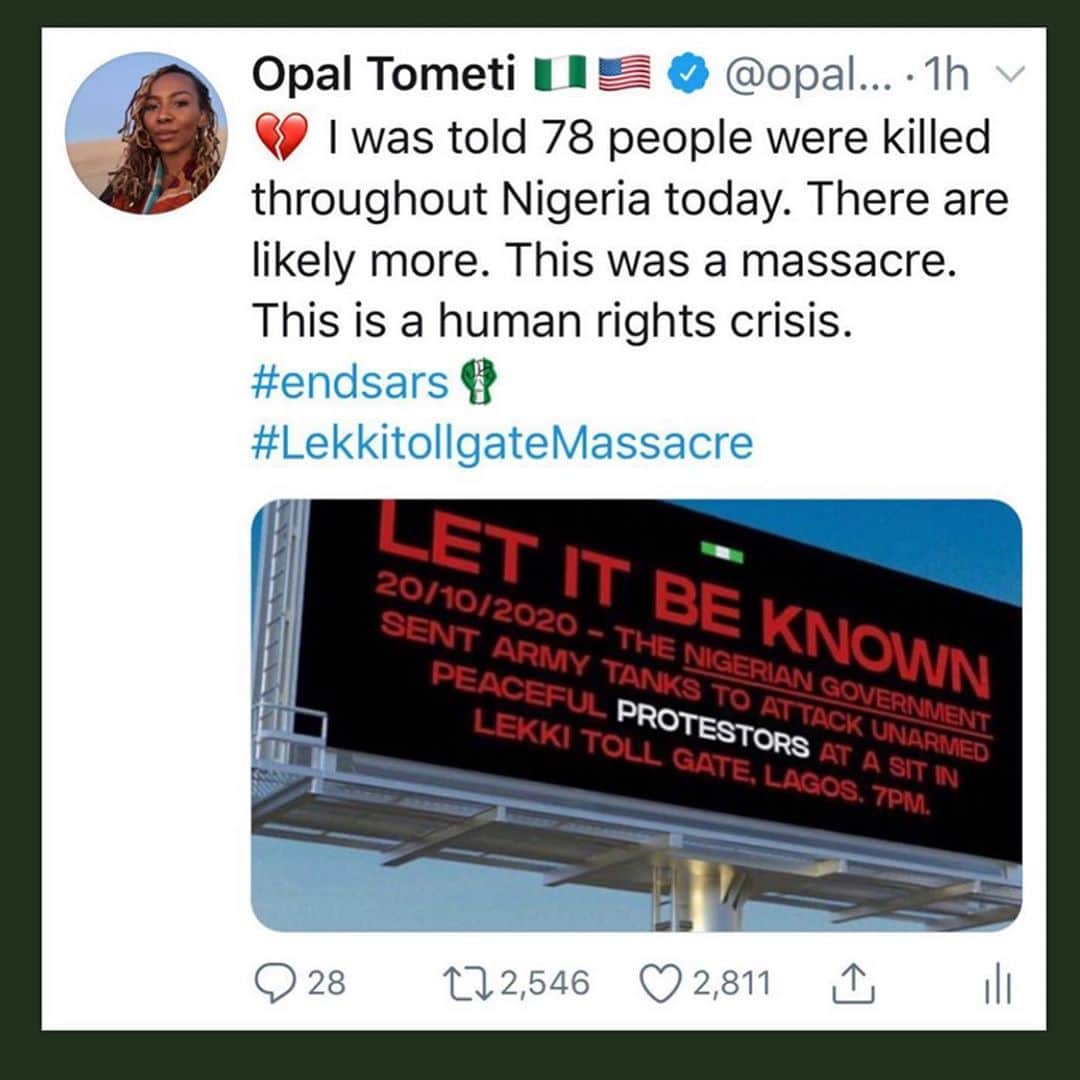 キャメロン・ラッセルのインスタグラム：「Horrific news of the murder of peaceful protestors in Nigeria standing up against police violence. As weakness masquerades as strength all over the world, join me in following the leadership of the people, who are truly strong brave & powerful calling to #endpolicebrutality #endSARS and get accountability for #lekkitollgatemassacre . Updates from @opalayo @eienigeria & @washingtonpost by @karenattiah」