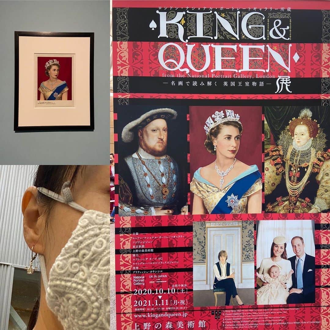 御影倫代のインスタグラム：「KING & QUEEN from the National Portrait Gallery, London.  芸術の秋です！KING & QUEEN 展に行ってきました。張り切って朝からミルクティーを飲み、王冠のピアス、チェックのスカートにバラのハンカチ、と自分的にイギリス感を盛り上げて参上。生ヘンリー8世の絵！生エリザベス1世の絵！生ヴィクトリア 女王の写真！生ダイアナ妃の写真！生キャサリン妃の写真！そして、生エリザベス女王の写真！一人一人にドラマがあっていちいち想いに耽っていたのでだいぶ長い滞在でした。今夜は「Yes, I can(発音はもちろん、アイカーン)」とか「Brilliant!!」とか言いながらブリティッシュごっこでもしようっと！」