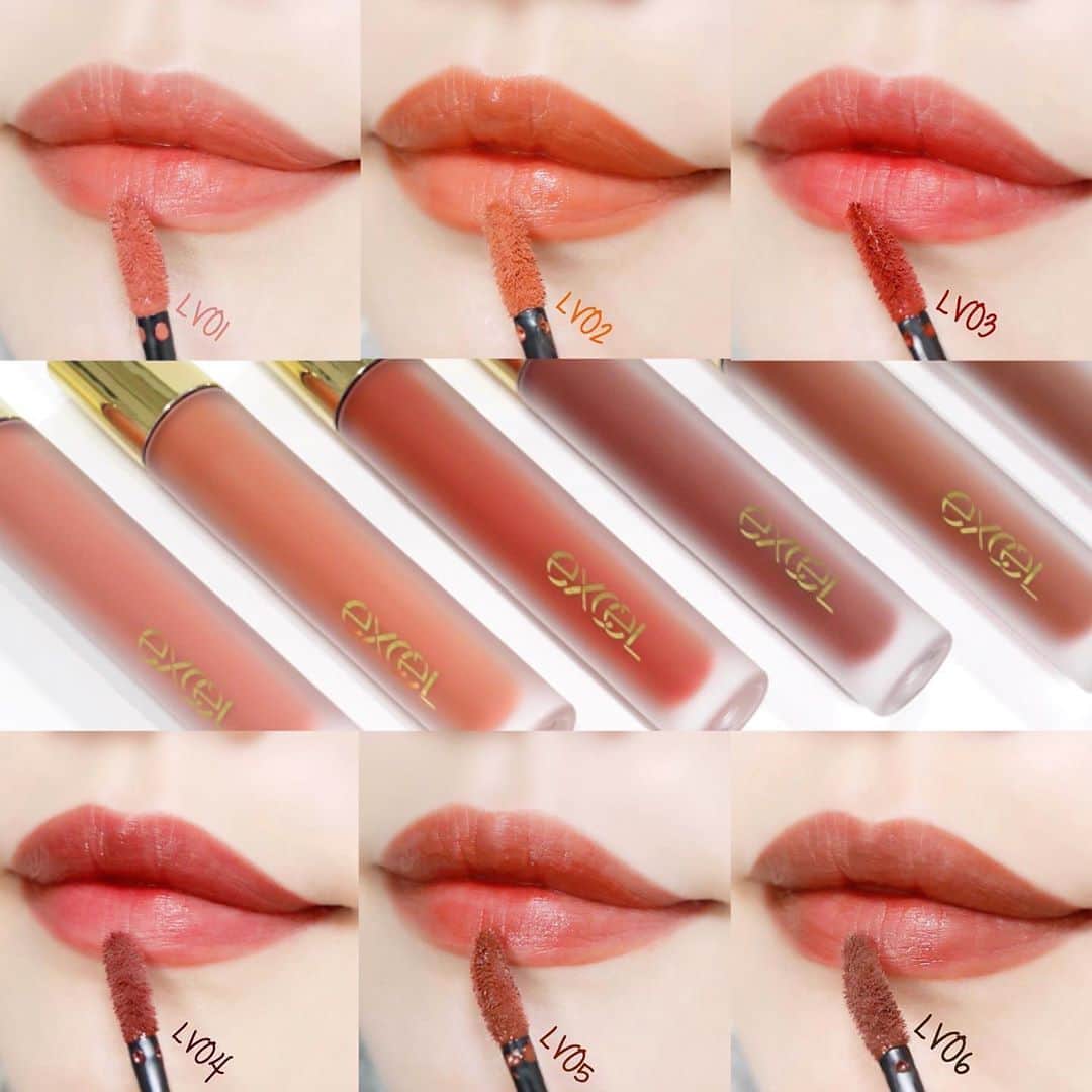 海老原りさのインスタグラム：「💄excel 新作リップ全色レビュー✨💄﻿ ﻿ ﻿ ﻿ こんにちは🍁﻿ ﻿ アイシャドウと同じ10月20日発売の﻿ 粉っぽさのない新感覚レア感マットリップ。﻿ ﻿ こちらも全色スウォッチしちゃいます🤚🏻✨﻿ ﻿ ✔︎サナ エクセル リップベルベティスト﻿  ¥1,600(税抜)﻿ ﻿ ▶︎LV01 パピーガール﻿ 甘く儚いソフトなピーチピンク﻿ ▶︎LV02 バターカップ﻿ 温もりを感じるヌーディオレンジ﻿ ▶︎LV03 アバウトラブ﻿ 凛と麗しいクラシカルレッド﻿ ▶︎LV04 フラワースワッグ﻿ センシュアルな奥行きのあるカシスモーヴ﻿ ▶︎LV05 ワイルドストーン﻿ エッジィさを漂わせるオレンジブラウン﻿ ▶︎LV06 ビターテリーヌ﻿ 攻め気でスパイシーなモードブラウン﻿ ﻿ しっとりした塗り心地で﻿ ぁあ〜こういう唇って色っぽいわ…っていう﻿ ふんわりとした絶妙なマット💋﻿ ﻿ サラサラ感や粉っぽさがないのが良い！﻿ ﻿ 普段マットリップは使わないって方にも﻿ 使いやすいリップになっていて﻿ カラバリも日本人の肌色に全色合うと思ったよ！﻿ ﻿ LV01とLV02は王道の可愛らしいカラーですが﻿ 他の4色は上品で深みのある秋に使いたいカラー。﻿ ﻿ 私は少し前の記事でLV01を使っていましたが﻿ LV05がほどよく赤く、ほどよくブラウンで﻿ 秋にぴったりでお気に入りです💕﻿ ﻿ ﻿ ﻿ @excelmake ﻿ #エクセル#アイプランナー#マットリップ#コスメレビュー#コスメスウォッチ#メイク動画#リップべルベティスト#今日のメイク#exceL﻿#excel_eyeplanning_cp#LIPVELVETIST」