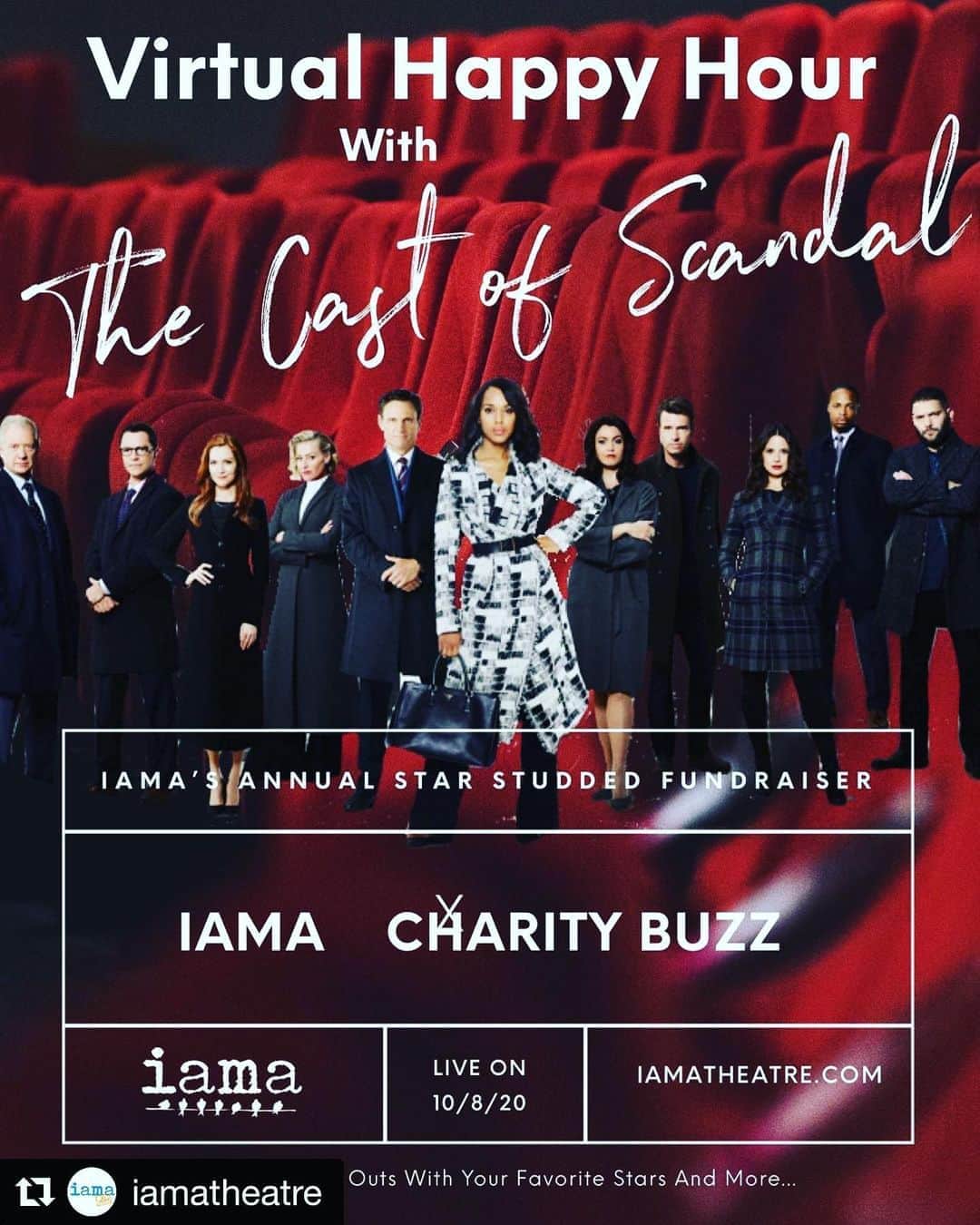 ダン・ブカティンスキーのインスタグラム：「LAST CHANCE to BID for a private happy hour with @scandalabc CAST to support the @iamatheatre !! LINK IN BIO!!!   #Repost @iamatheatre with @get_repost ・・・ Bid on your chance to have a virtual happy hour with the cast of #SCANDAL! Charitybuzz.com/IAMA 🖤」