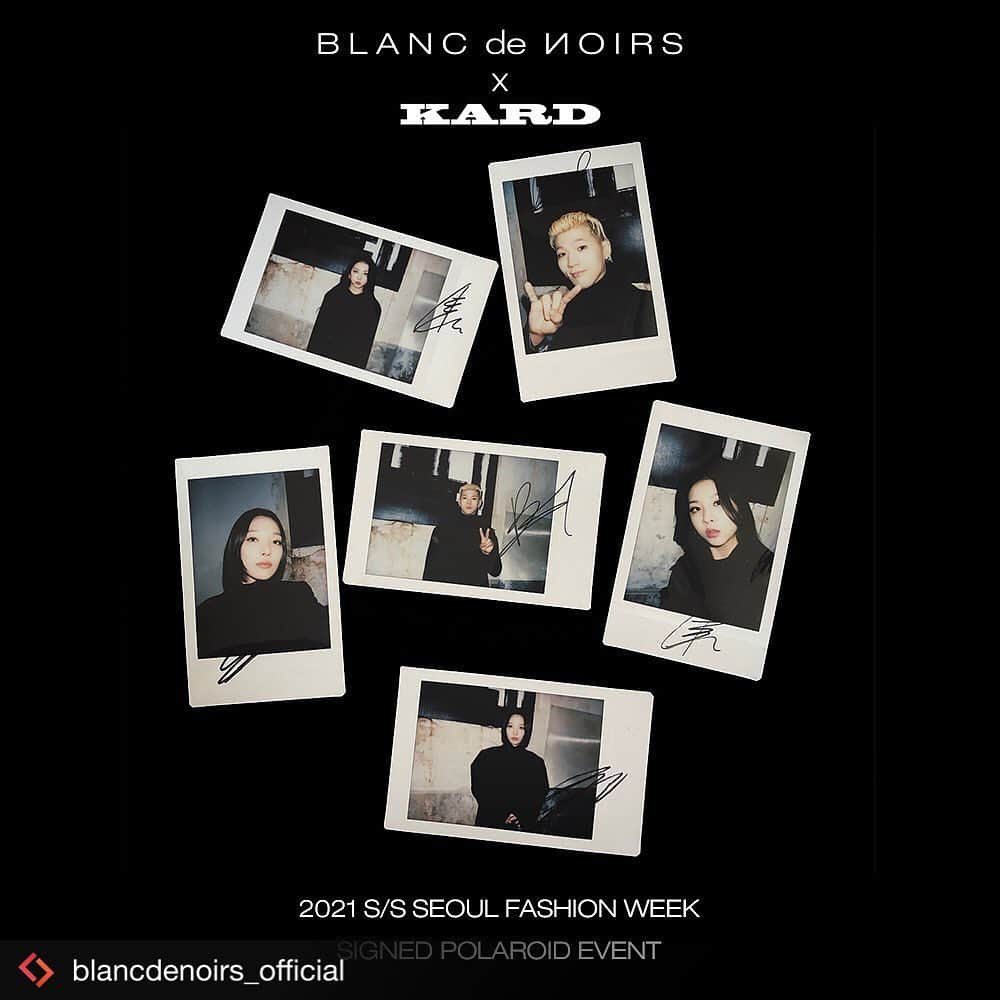 K.A.R.Dさんのインスタグラム写真 - (K.A.R.DInstagram)「#Repost from @blancdenoirs_official . . [블랑드누아xKARD]폴라로이드 이벤트  이번 2021 S/S 서울패션위크 컬렉션에서 모델로 함께한 KARD 멤버들의 친필 싸인이 담긴 하나뿐인 폴라로이드 사진 증정 이벤트를 진행합니다.  10월 25일 낮 12시에 공개되는 블랑드누아 디지털 패션쇼 영상 시청 후 아래 순서에 따라 참여해 주신 분들께 현장에서 촬영한 친필 싸인 폴라로이드 사진을 보내드립니다.  -참여 기간 : 10월 25일 낮 12시 ~ 10월 27일 낮 12시 -영상 링크 : 프로필 참조 (https://tv.naver.com/sfwofficial) -참여 방법 : 1. 블랑드누아 공식 계정 팔로우 (@blancdenoirs_official) 2. 디지털 패션쇼 영상 시청 및 KARD 멤버들의 런웨이 캡쳐 3. 본인 계정에 갖고 싶은 멤버 태그와 함께 아래 해시태그를 포함하여 인증샷 업로드 #블랑드누아 #blancdenoirs #블랑드누아컬렉션 #blancdenoirscollection #서울패션위크 #seoulfashionweek #sfw #패션위크 #fashionweek #카드 #kard #비엠 #bm #전소민 #somin #전지우 #jiwoo -당첨자 발표 : 10월 28일 낮 12시 인스타그램 DM 개별 통보  KARD @official_kard KARD BM @bigmatthewww KARD 전소민 @somin_jeon0822 KARD 전지우 @_zziwooo0  [BLANC de NOIRS x KARD] Signed Polaroid Event *International mail available  In 2021 S/S Seoul Fashion Week ‘BLANC de NOIRS collection’, we are having KARD members (BM, Somin, Jiwoo) as models in digital fashion show film.  Watch BLANC de NOIRS digital fashion show film on Oct. 25th 12 p.m. and participate in our event to win a signed polaroid photo by KARD members.  -When : Oct. 25th 12 p.m. ~ Oct. 27th 12 p.m. -Film link : Check the profile link (https://tv.naver.com/sfwofficial) -How : 1. Follow BLANC de NOIRS official account (@blancdenoirs_official) 2. Watch BLANC de NOIRS digital fashion show film and take a screenshot of KARD members 3. Post it on your instagram, tag the member you want to get the photo of, and add below hashtags: #blancdenoirs #blancdenoirscollection #seoulfashionweek #sfw #fashionweek #kard #bm #somin #jiwoo - Winner accouncement : We will send a DM to the winners on Oct. 28th 12 p.m.   KARD Official @official_kard KARD BM @bigmatthewww KARD SOMIN @somin_jeon0822 KARD JIWOO @_zziwooo0」10月22日 14時42分 - official_kard