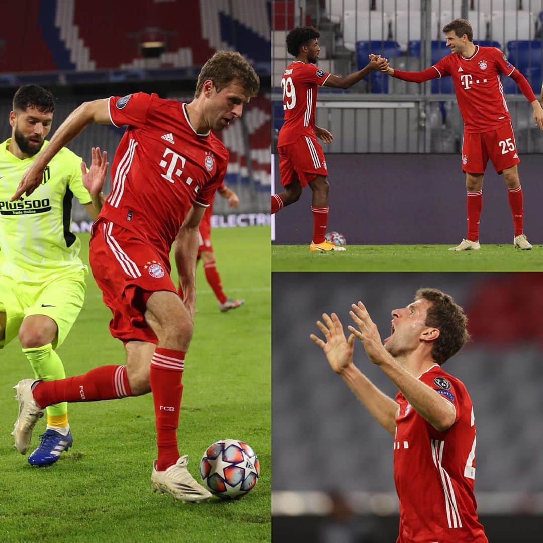 トーマス・ミュラーのインスタグラム：「Nach einem souveränen 4:0 Sieg gegen Atlético kann man auch mal eine Gelbe Karte vergessen... 😀 Irren ist menschlich. Weiter gehts! #ImmerWeiter ✌️ #fcbayern #UCL #fcbatleti #esmuellert #packmas #firststep #derwegistdasziel  📸: @alexanderhassenstein」