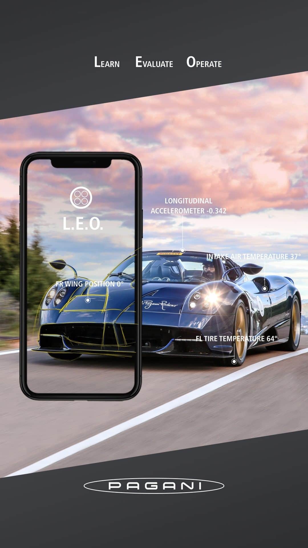 パガーニ・アウトモビリのインスタグラム：「Pagani Automobili presents Pagani L.E.O., the remote diagnosis and predictive maintenance platform, tailor-made for Pagani Hypercars.  - A new control unit developed to constantly monitor the parameters of Pagani cars; - The information is analysed in real time and transferred to the Pagani Cloud; - Ground-breaking algorithms, developed by the After-Sales and Technical Departments of Pagani Automobili, have provided the basis for predictive maintenance operations and the development of new vehicles; - Pagani clients can access the platform and manage maintenance operations through a dedicated mobile application.  Pagani Automobili announces the introduction of Pagani L.E.O., the new control and data monitoring platform capable of remote diagnosis and predictive maintenance of the vehicle from a distance. L.E.O. stands for LEARN - EVALUATE - OPERATE. [...] Read more on the Press page of www.pagani.com or click the link in bio!  #pagani #vodafone #while1 #dmdcomputers #huayra #huayraroadster #leo @vodafoneit」