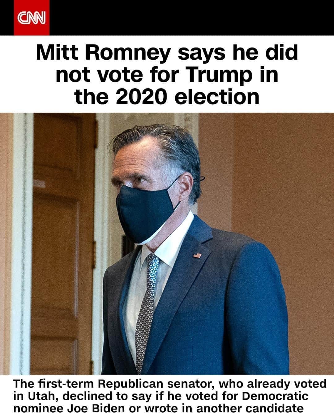 CNNさんのインスタグラム写真 - (CNNInstagram)「"I did not vote for President Trump," Sen. Mitt Romney told CNN Wednesday. It’s the latest break between the GOP's 2012 presidential nominee and the leader of his party. Asked whom he voted for, the first-term Republican senator, who already voted in Utah, said: "That's something I'm keeping private at this stage." Romney has made his distaste for Trump known for years and has been a lone GOP voice on Capitol Hill raising deep concerns about Trump and his character. He was the only Republican to vote to remove Trump from office over a charge of abuse of power during his impeachment trial earlier this year. (📸: Stefani Reynolds/Getty Images)」10月23日 2時02分 - cnn