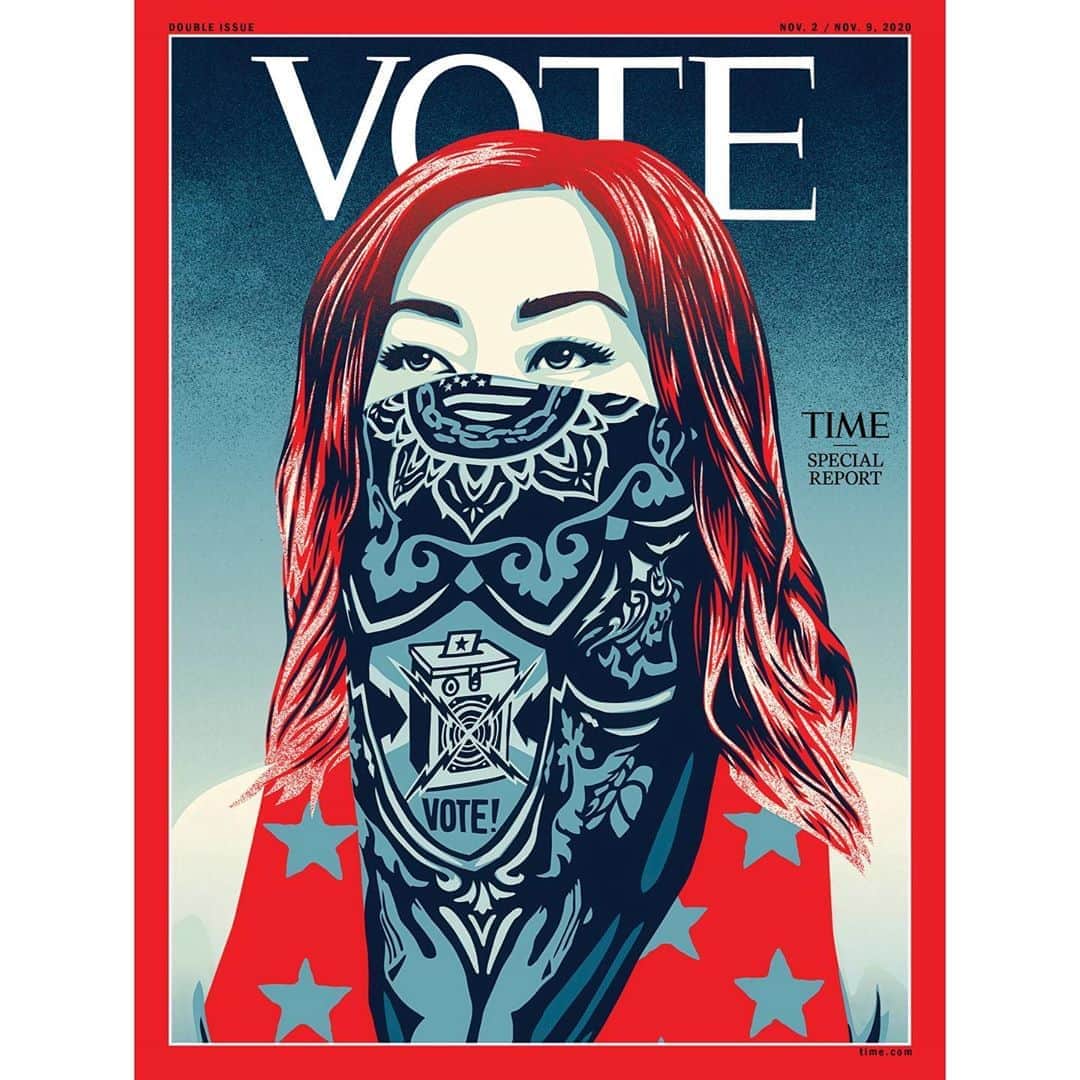 Shepard Faireyさんのインスタグラム写真 - (Shepard FaireyInstagram)「I’m honored to have created my third cover for @Time magazine, especially since this issue focuses on the civic duty of voting. The art I created for the Time cover addresses the very unique situation we are in as a country as we face the Covid-19 pandemic, unrest around police brutality and racial discrimination, voter suppression, and intense political division. In this illustration, the normally clear-cut rebel symbol of a bandana covering a face takes on a different meaning during Covid, becoming an emblem of safety, respect for one's fellow citizens, and a sign that the wearer believes in science. The image on the bandana, including the ballot box speaker, is part of a piece of art I created called "Our Hands - Our Future." Even though the subject in the portrait knows there are additional challenges to democracy during a pandemic, she is determined to use her voice and power by voting. The future is not shaped by voting alone, but voting is crucial to make a healthy, functional democracy. In my opinion, those who claim to believe in democracy and ask for the honor to represent the people should be looking for ways to make voting easier, not more difficult. I'd like to see the implementation of an election holiday as well as secure electronic voting options. Until then, mail in your ballot or mask-up and head to the polls… the future of our democracy is in your hands! -Shepard  Based on 📷 by @vikkila / subject @velvettebunny」10月23日 0時03分 - obeygiant