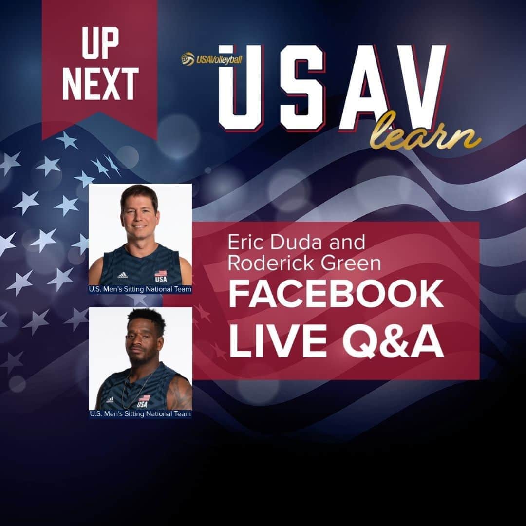 USA Volleyballさんのインスタグラム写真 - (USA VolleyballInstagram)「Join us TOMORROW on the USA Volleyball Facebook at 10am PT for a #USAVlearn Live Q&A with U.S. Men's Sitting National Team athletes Eric Duda and Roderick Green! 🤩  They'll talk about their opportunity coming up to qualify for the #TokyoParalympics, why YOU should try #sittingvolleyball and MORE! 🇺🇸」10月23日 1時03分 - usavolleyball