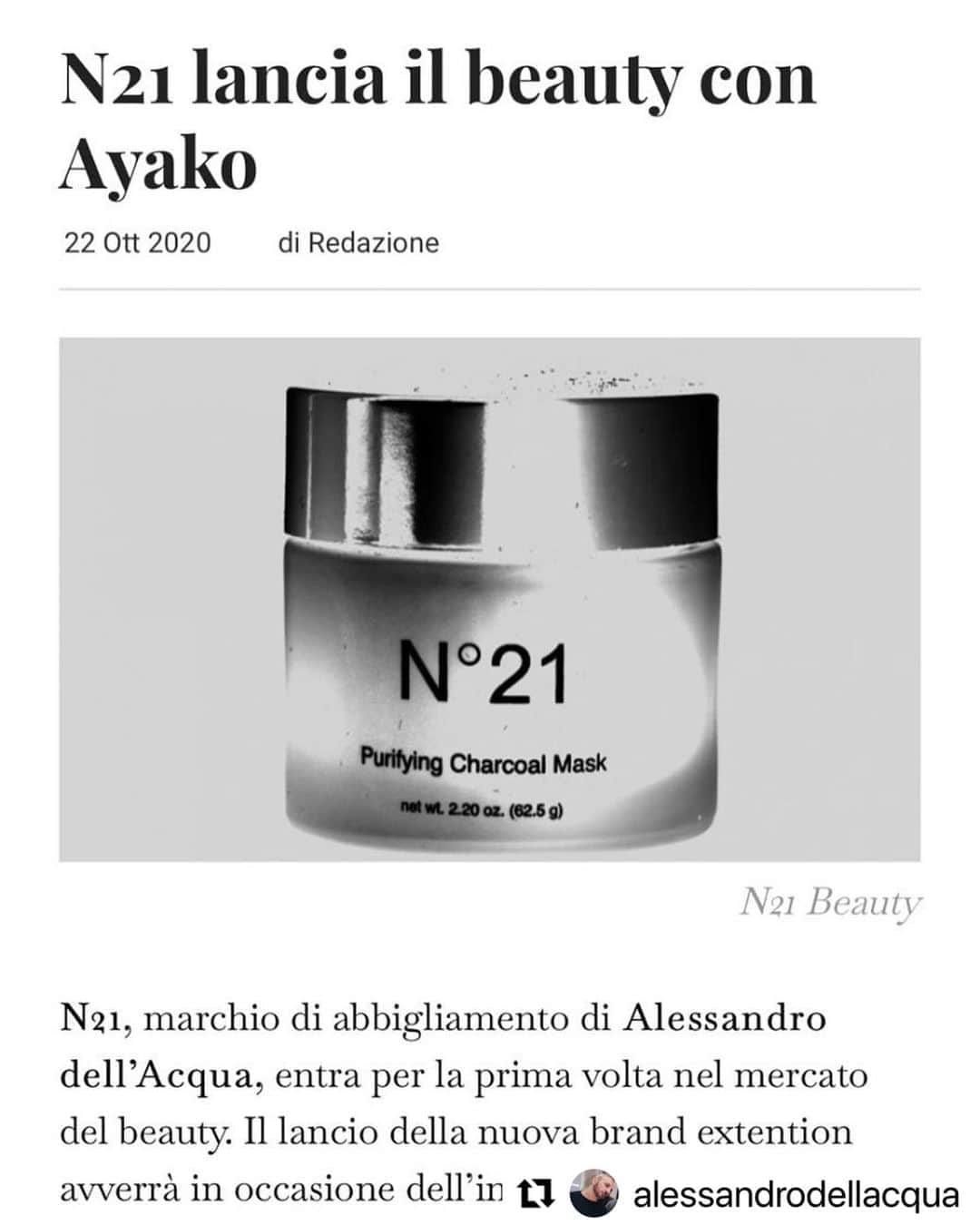 アディクションのインスタグラム：「#Repost @alessandrodellacqua  ・・・ #n21#alessandrodellacqua #AyakoxN21 #N21Beauty」