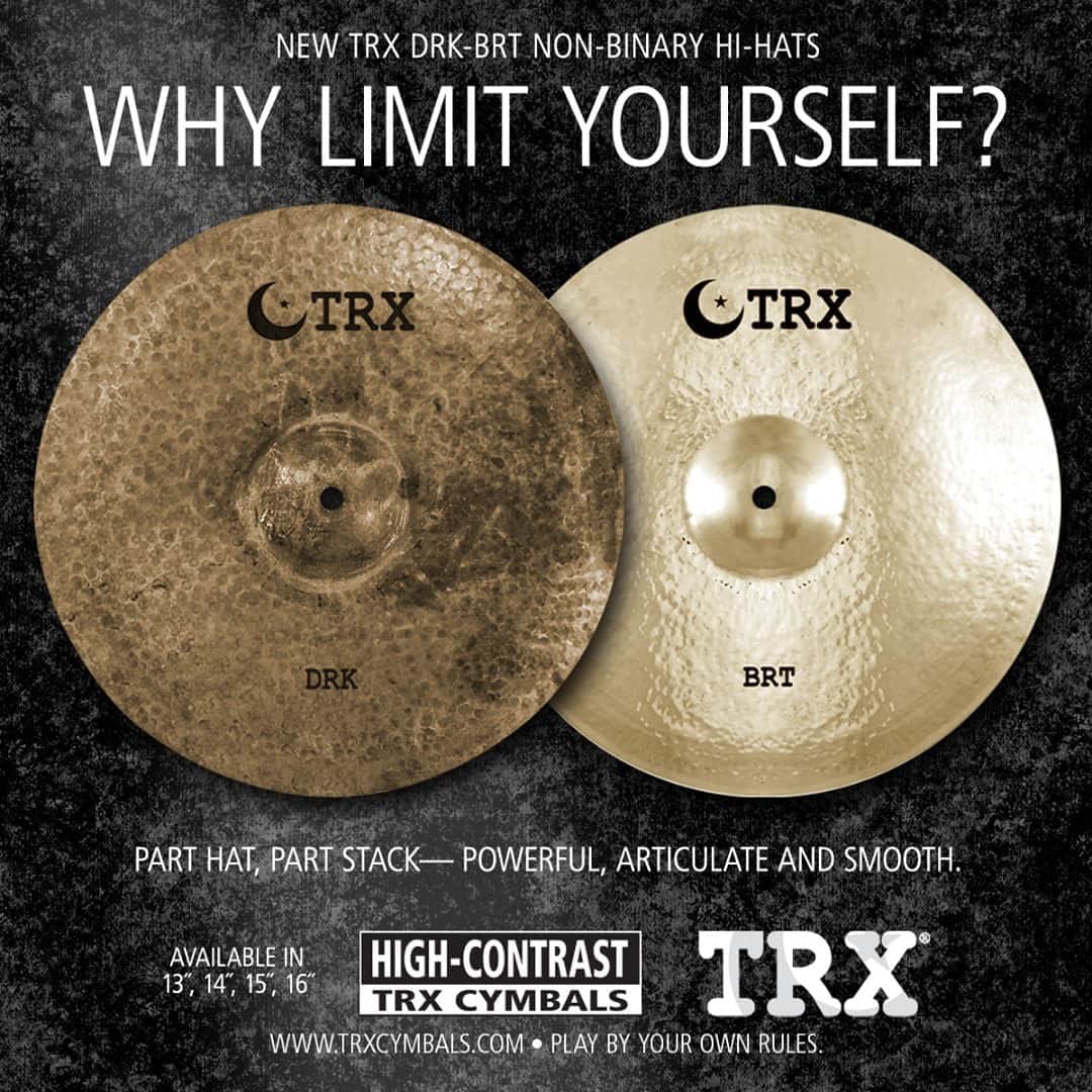 Alternative Pressさんのインスタグラム写真 - (Alternative PressInstagram)「Why limit yourself to conventional hi-hats with the same top and bottom cymbals when you can play a hi-hat with two different cymbals and create new sounds? The new @trxcymbals DRK-BRT combination is powerful and articulate yet smooth— and perfect for a wide variety of modern rock styles. Learn more about TRX “High Contrast” cymbals at www.trxcymbals.com. ⁠ .⁠ .⁠ .⁠ #playbyyourownrules #bigonquality #highcontrastcymbals #theupgrade #youngturks #drummers」10月23日 1時30分 - altpress