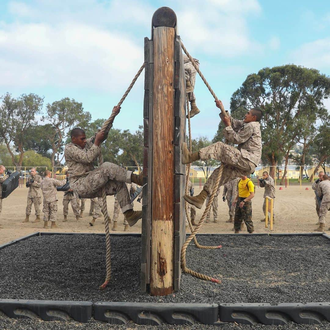 アメリカ海兵隊さんのインスタグラム写真 - (アメリカ海兵隊Instagram)「Tug Of War  Recruits with Golf Company, 2nd Recruit Training Battalion, overcome an obstacle during the Confidence Course at @mcrdsd.  Drill instructors motivated the recruits to push themselves past their mental and physical limits. (U.S. Marine Corps photo by Cpl. Brooke C. Woods)   #USMC #Marines #Military #BootCamp」10月23日 1時25分 - marines