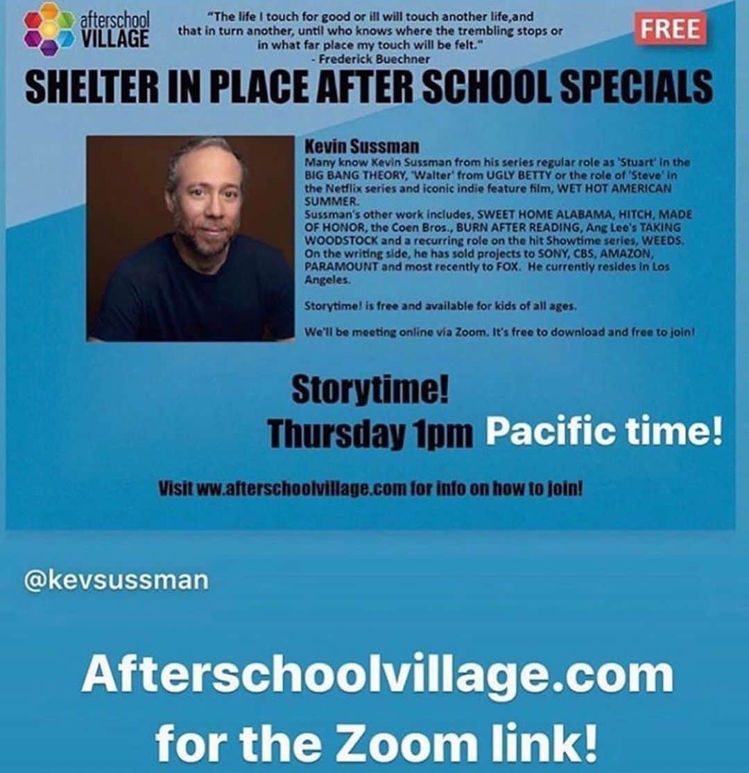ケヴィン・サスマンのインスタグラム：「Today at 1PM Pacific time! Get your free Zoom link at AfterschoolVillage.com」