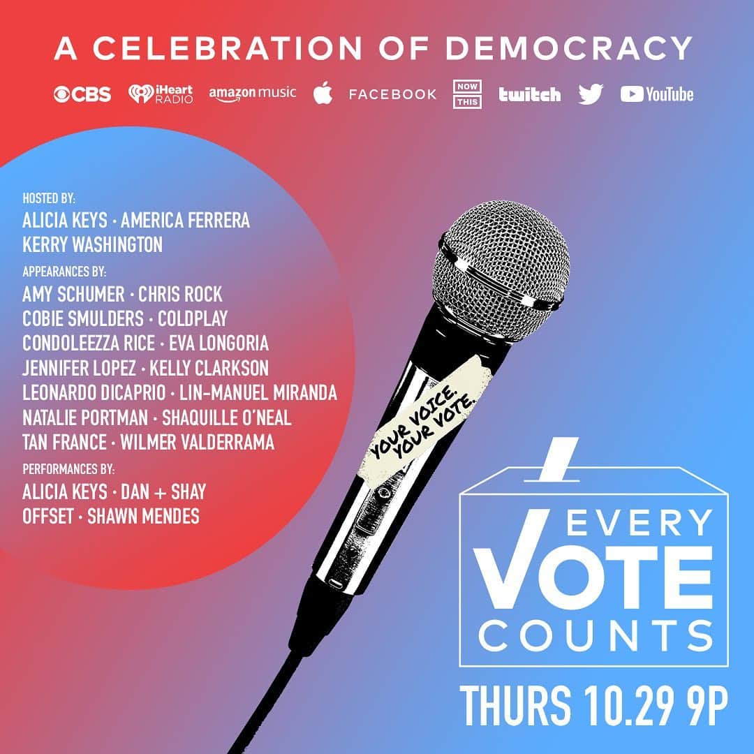 のインスタグラム：「With the election less than 2 weeks away, I’m excited to be joining #EveryVoteCounts, a broadcast and streaming special on 10/29 at 9pm ET! We’ll be talking to real voters and giving you all the info you need to get out and vote! Find out how to watch here: http://glblctzn.me/evc #EveryVoteCounts」