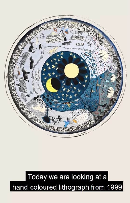 のインスタグラム：「📺 Watch on IGTV – take a guided tour around this beautiful print made by Inuit artist Kenojuak Ashevak.  Entitled ‘Nunavut Qajanartuk’ (Our beautiful land), the print reflects the circular pattern of Inuit lives. It shows how transportation, housing, clothing and animal relationships change with the seasons, and how community life in the Arctic is intricately connected to climate.  In this video, @williamkhuffman, Marketing Manager for @dorsetfinearts, part of the West Baffin Eskimo Cooperative, talks us through the landscapes, weather and poignant details captured in this hand-coloured piece of art.  Learn more about life in the Arctic in our five-star #ArcticExhibition – link in bio.  Lead supporter Citi  Supported by Julie and Stephen Fitzgerald  Supported by AKO Foundation  #Arctic #Exhibition #BritishMuseum #KenojuakAshevak #WestBaffinEskimoCooperative」