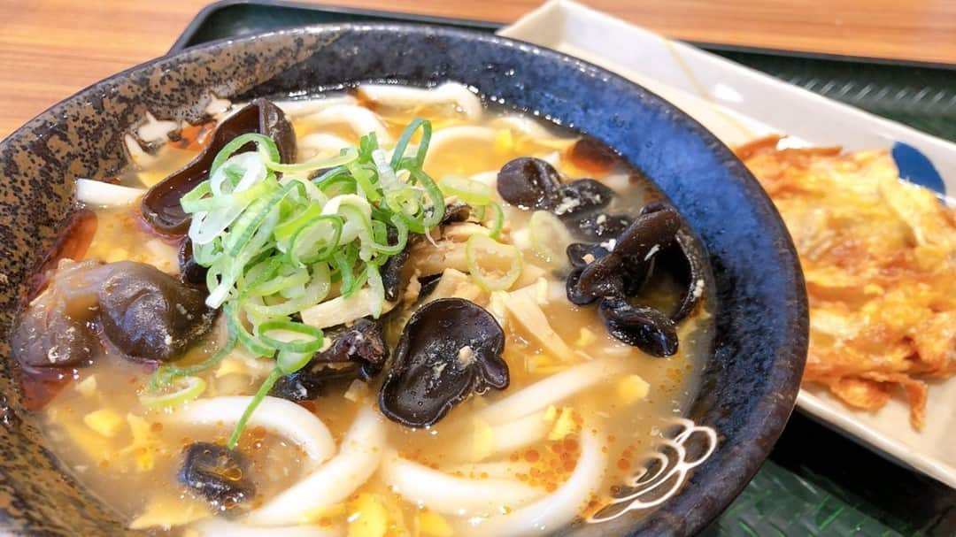 はなまるうどんのインスタグラム：「すっぱからうま味がヤミツキになる   #酸辣湯うどん 🍜  この�時期だけお楽しみいただけるおうどんです😋 ぜひお試しください✨    #黒いのはコリコリ食感がたまらないキクラゲ   #食物繊維たっぷり   #国産玄米だけを使用したまろやかでコクのある黒酢   #唐辛子を胡麻油だけでじっくり煮出した胡麻ラー油   #タケノコ   #蒸し鶏   #カラダにうれしい食材たっぷり   #期間限定   #あんかけ 　   #https://t.co/GhnDQFWxn2」