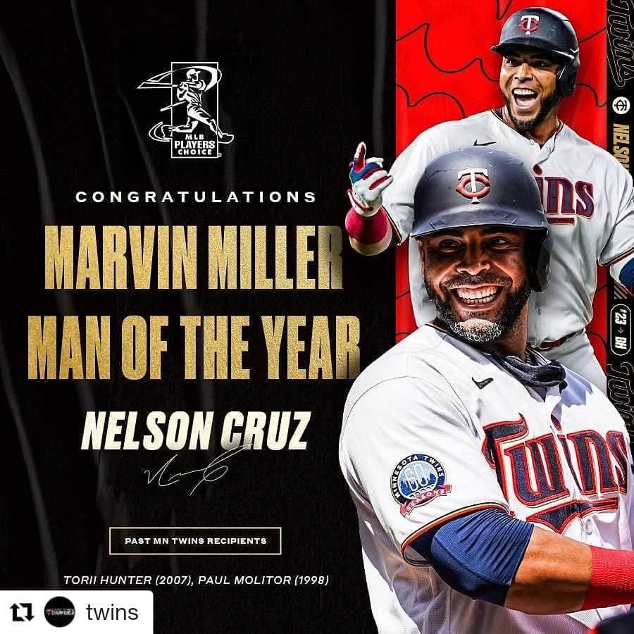 ネルソン・クルーズのインスタグラム：「Grateful for this award. Agradecido por este premio.   #Repost @twins (@get_repost) ・・・ Another well deserved award for @ncboomstick23!   Nelson Cruz has been named the 2020 Marvin Miller Man of the Year, an award voted on by his peers as the player they "most respect based on his leadership on the field and in the community." Congrats Nellie! #MNTwins」
